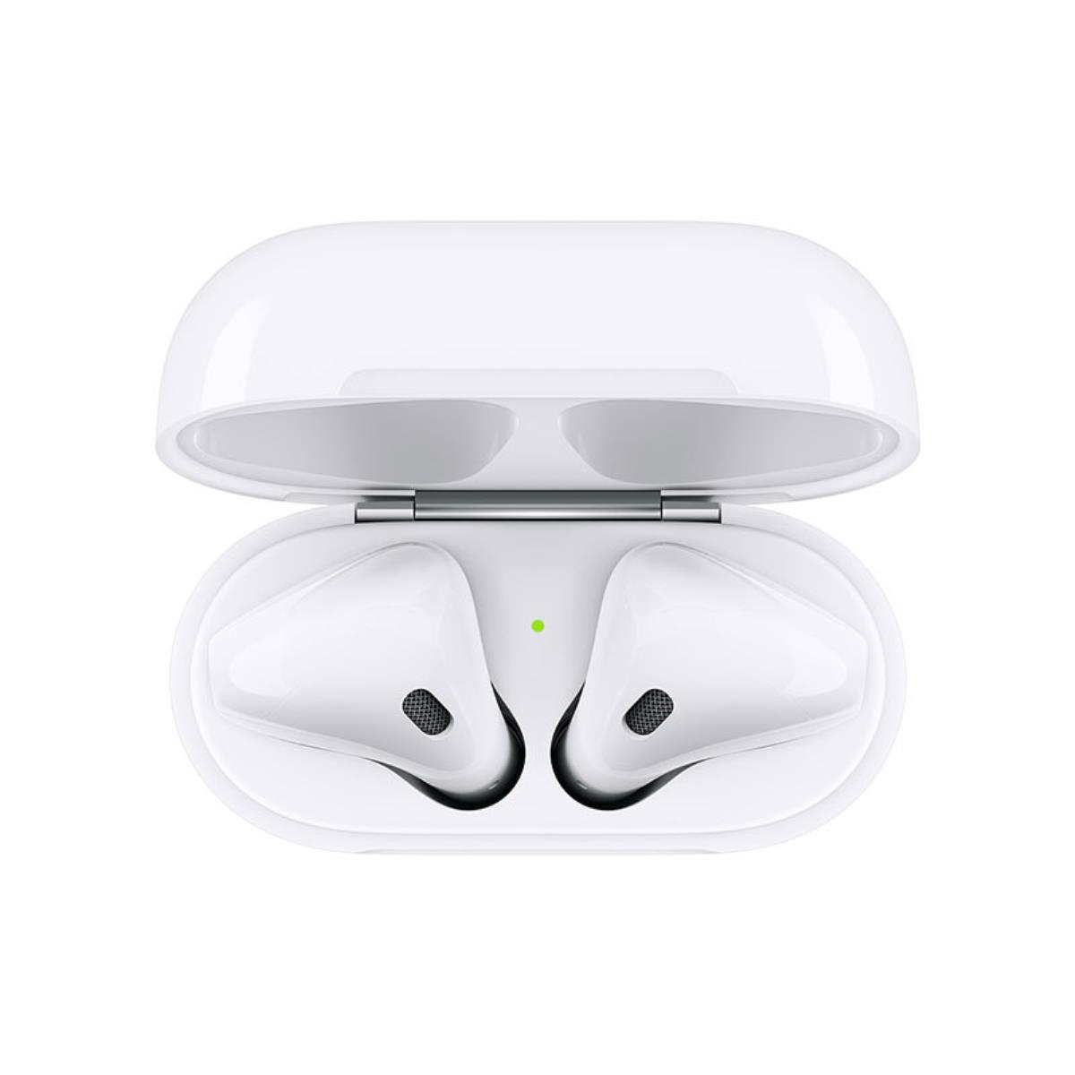 Weißes AirPods-Etui geöffnet, mit zwei AirPods darin.