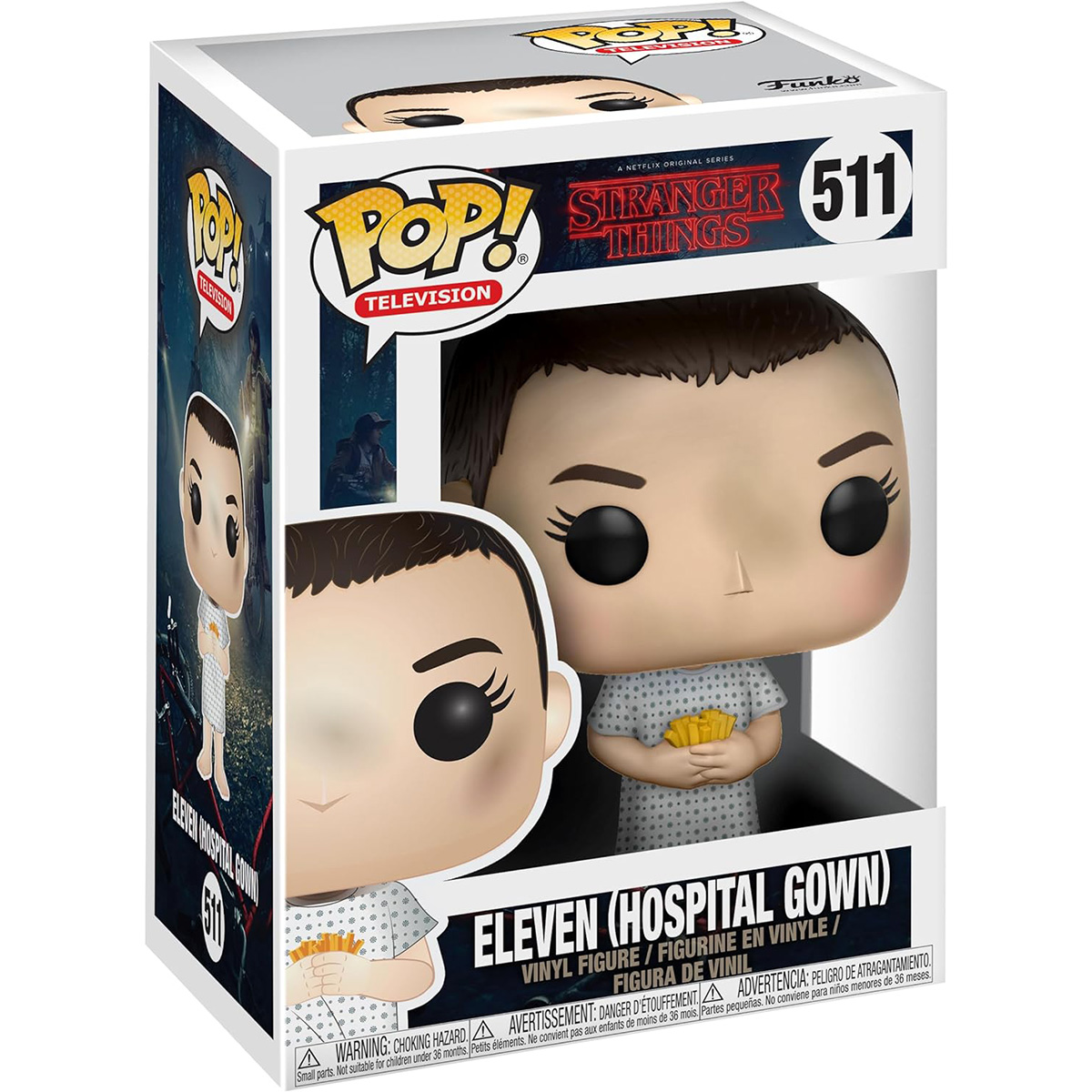 Figura Funko Pop en caja de Eleven de Stranger Things, con bata de hospital. Fondo blanco.