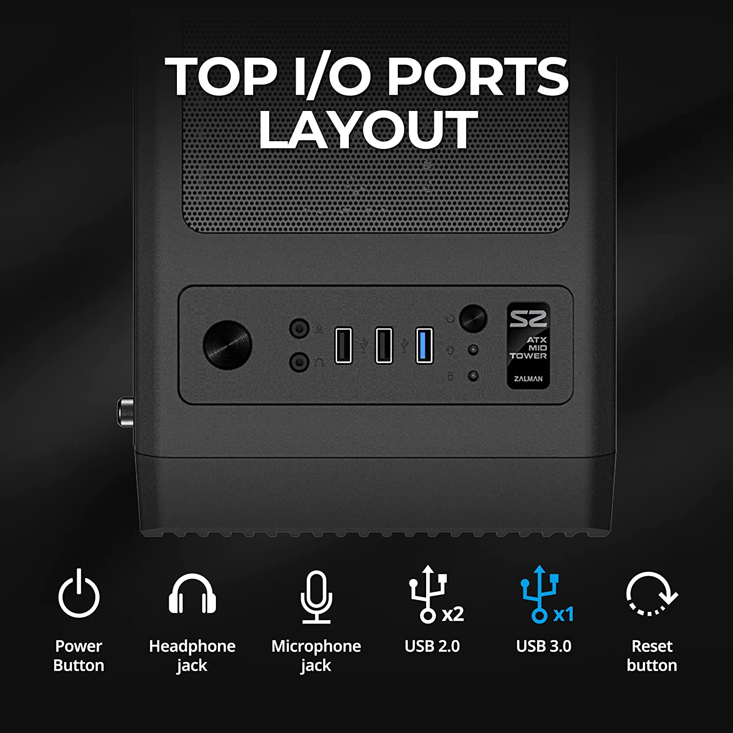 Puertos E/S de la caja del ordenador: encendido, auriculares, micro, USB 2.0, USB 3.0, reset.