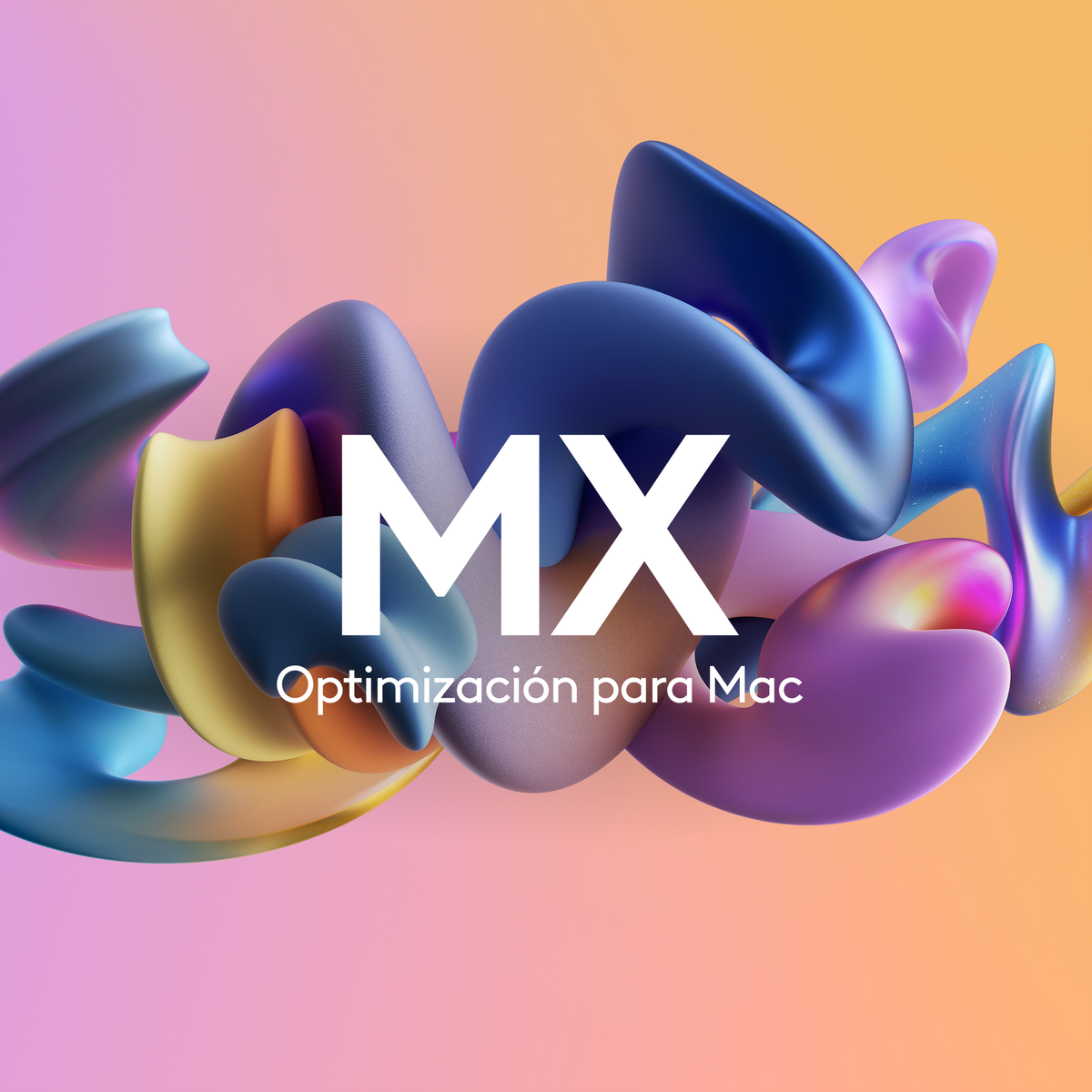 Abstrakcyjny, kolorowy projekt MX z tekstem 'MX Optimización para Mac' na tle gradientowym.