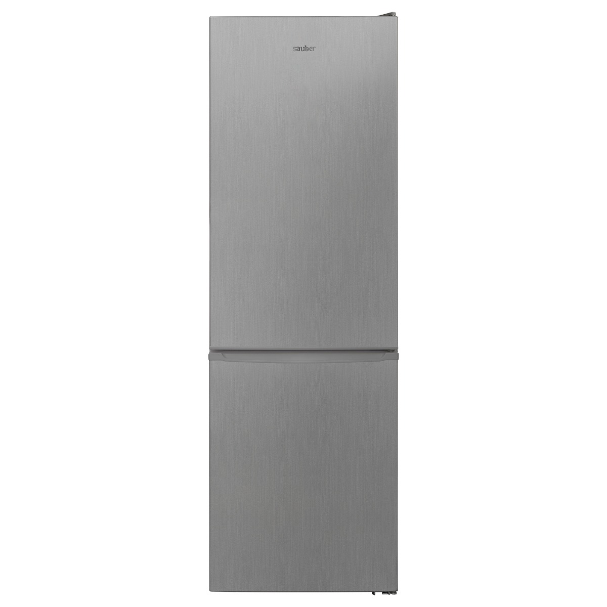 Refrigerador plateado de dos puertas. La puerta superior es más pequeña. La marca "sutbe" arriba.