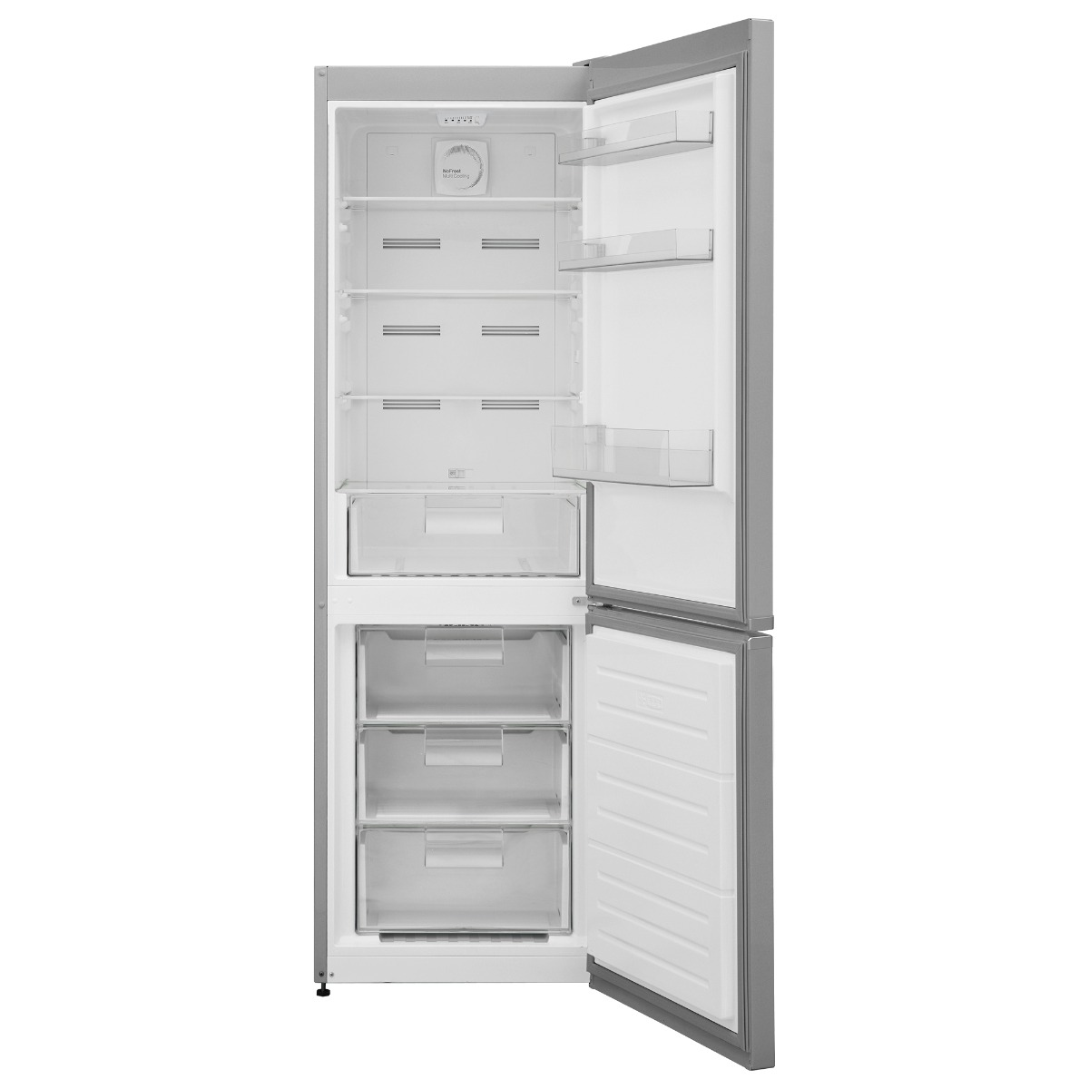 Refrigerador con puertas abiertas mostrando estantes y cajones. El fondo es blanco.