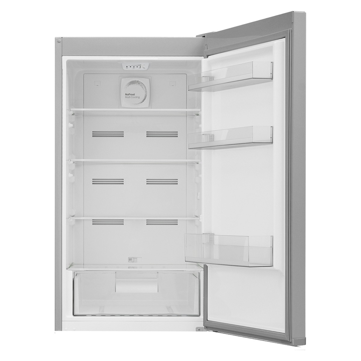 Refrigerador abierto vacío. Interior blanco con estantes y cajón. Exterior gris. Fondo blanco.