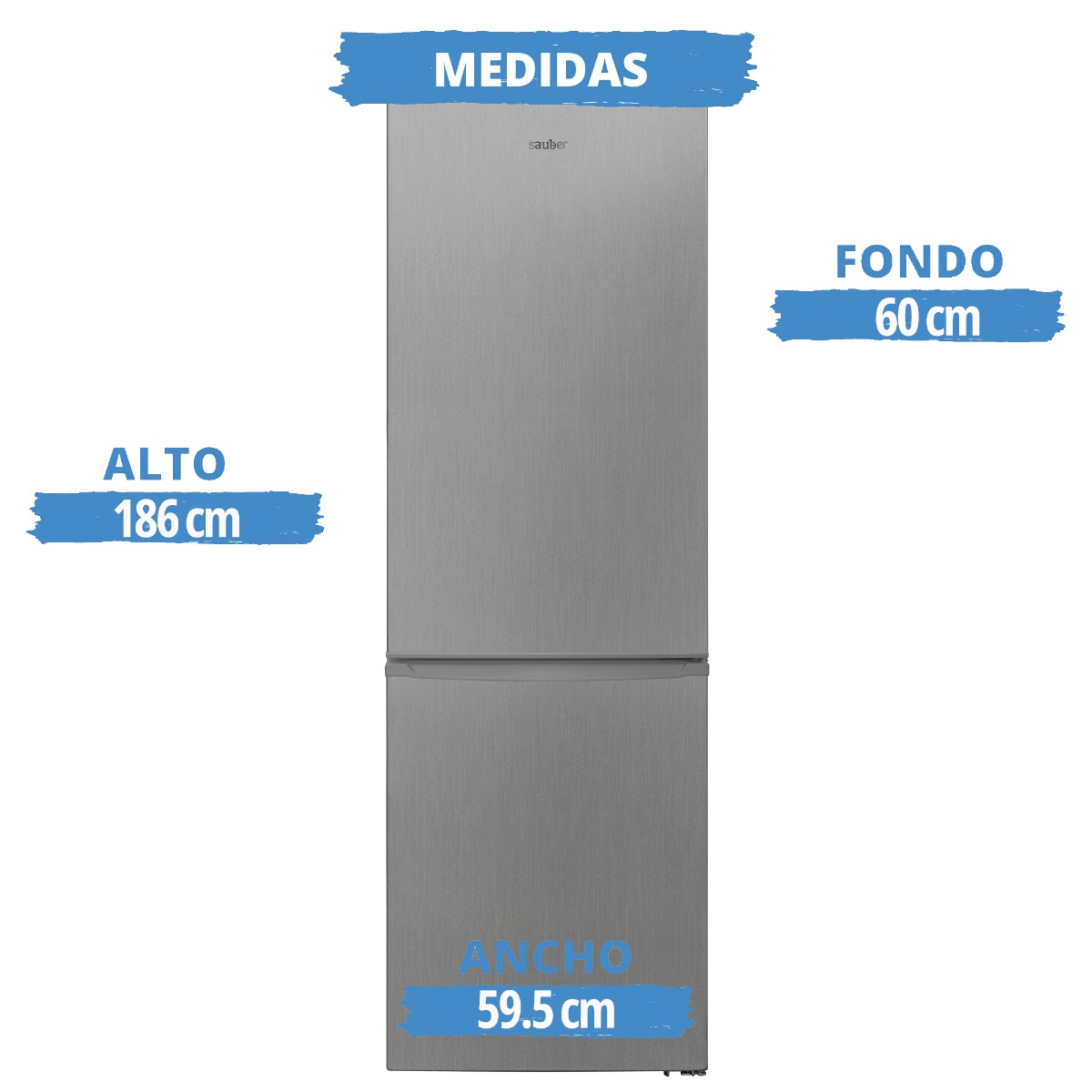 Nevera plateada, medidas en español: 186 cm alto, 59.5 cm ancho, 60 cm fondo.