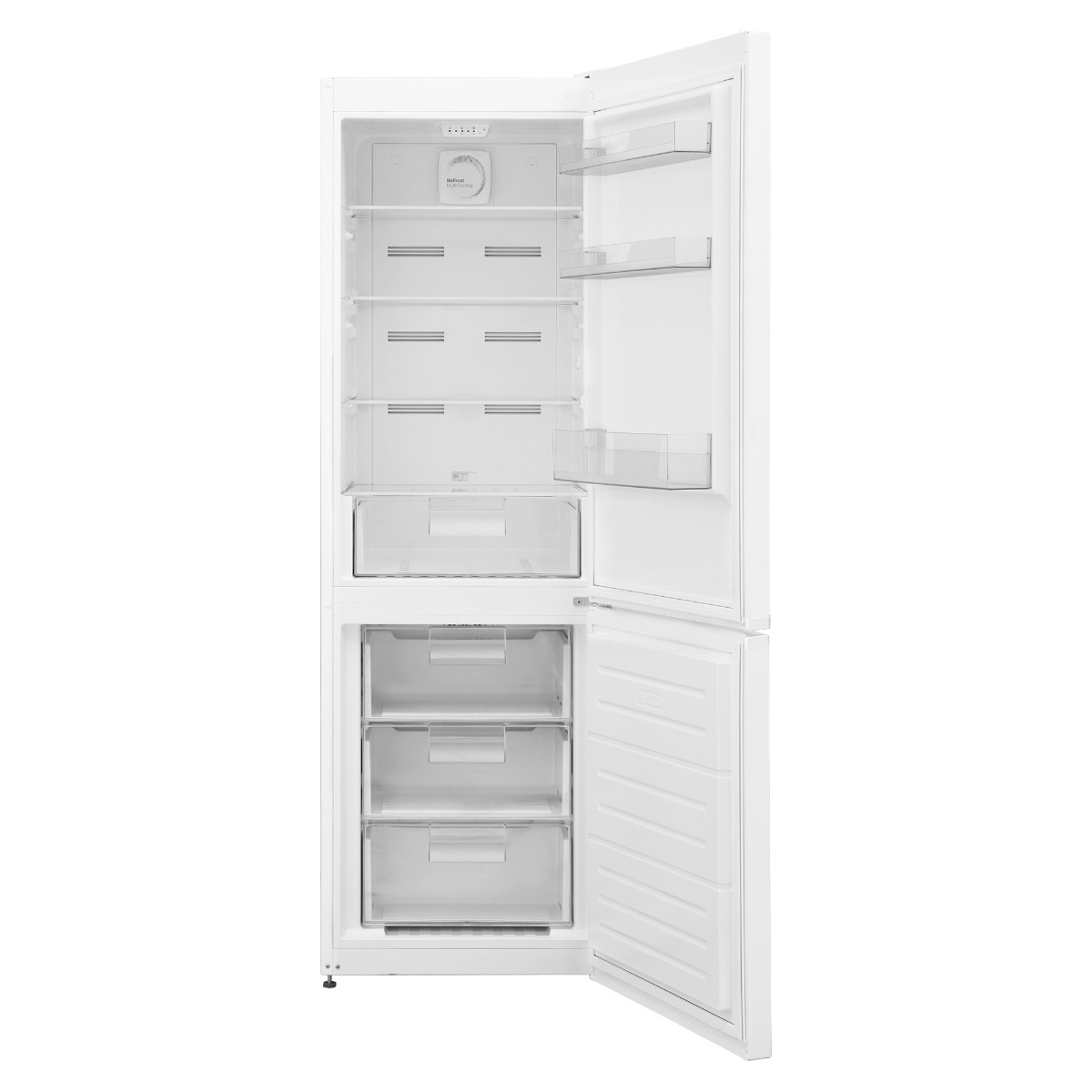 Un refrigerador blanco con congelador y nevera abiertos, revelando estantes y cajones.