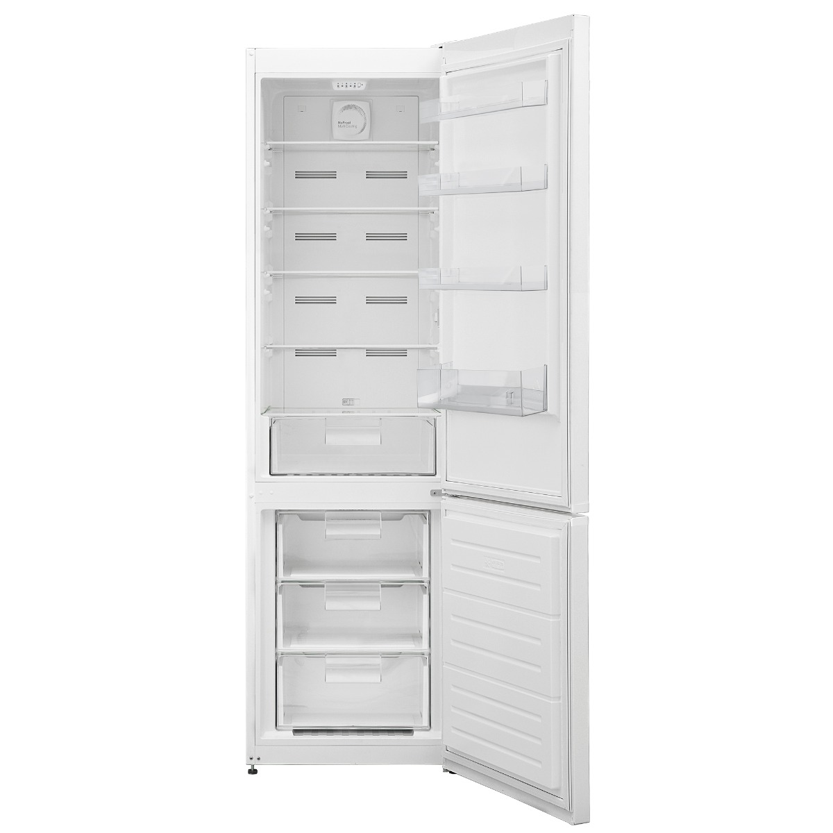 Refrigerador blanco con puertas abiertas. Estantes interiores, cajones y contenido visibles. Fondo blanco.