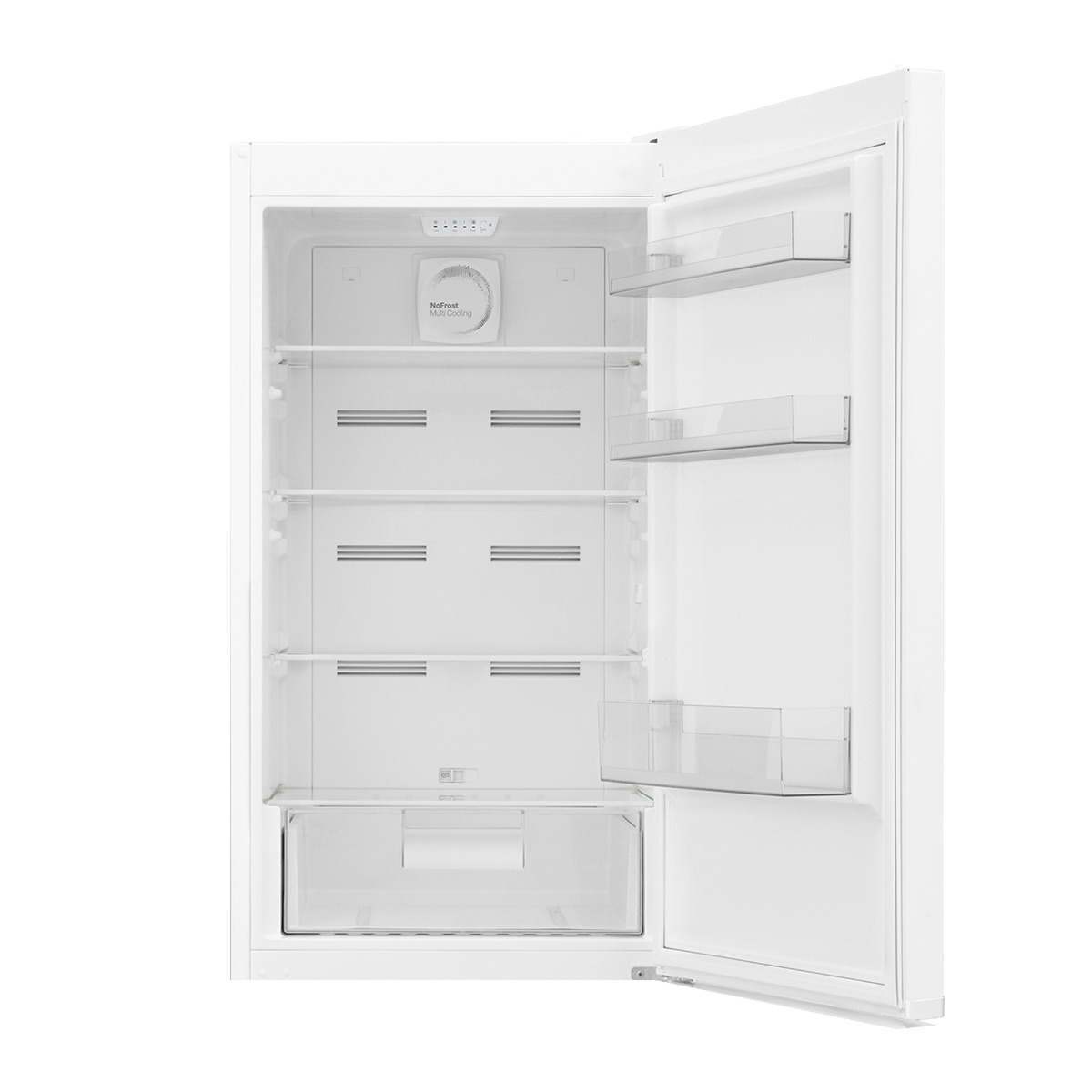 Interior de refrigerador blanco con estantes, cajones y un sistema de enfriamiento. Fondo blanco.