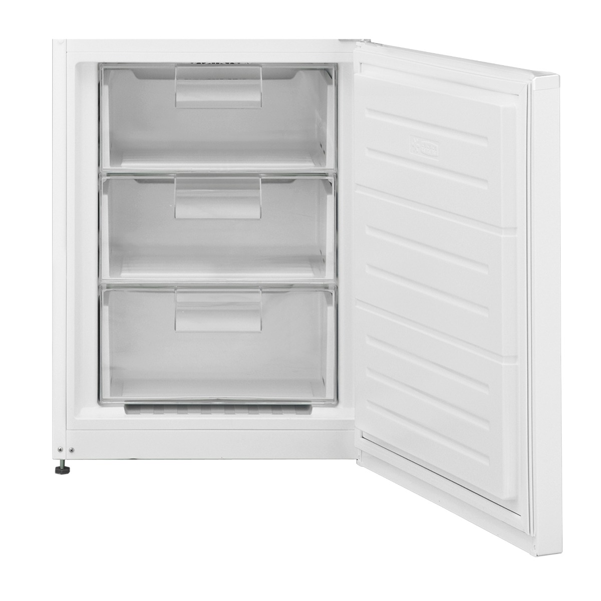 Congelador blanco con la puerta abierta. Se ven tres cajones transparentes dentro.