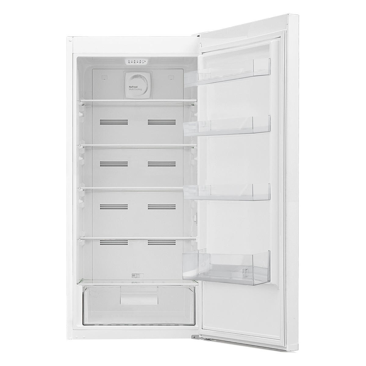 Un refrigerador blanco con la puerta abierta, que revela estantes y un cajón. El interior está vacío.