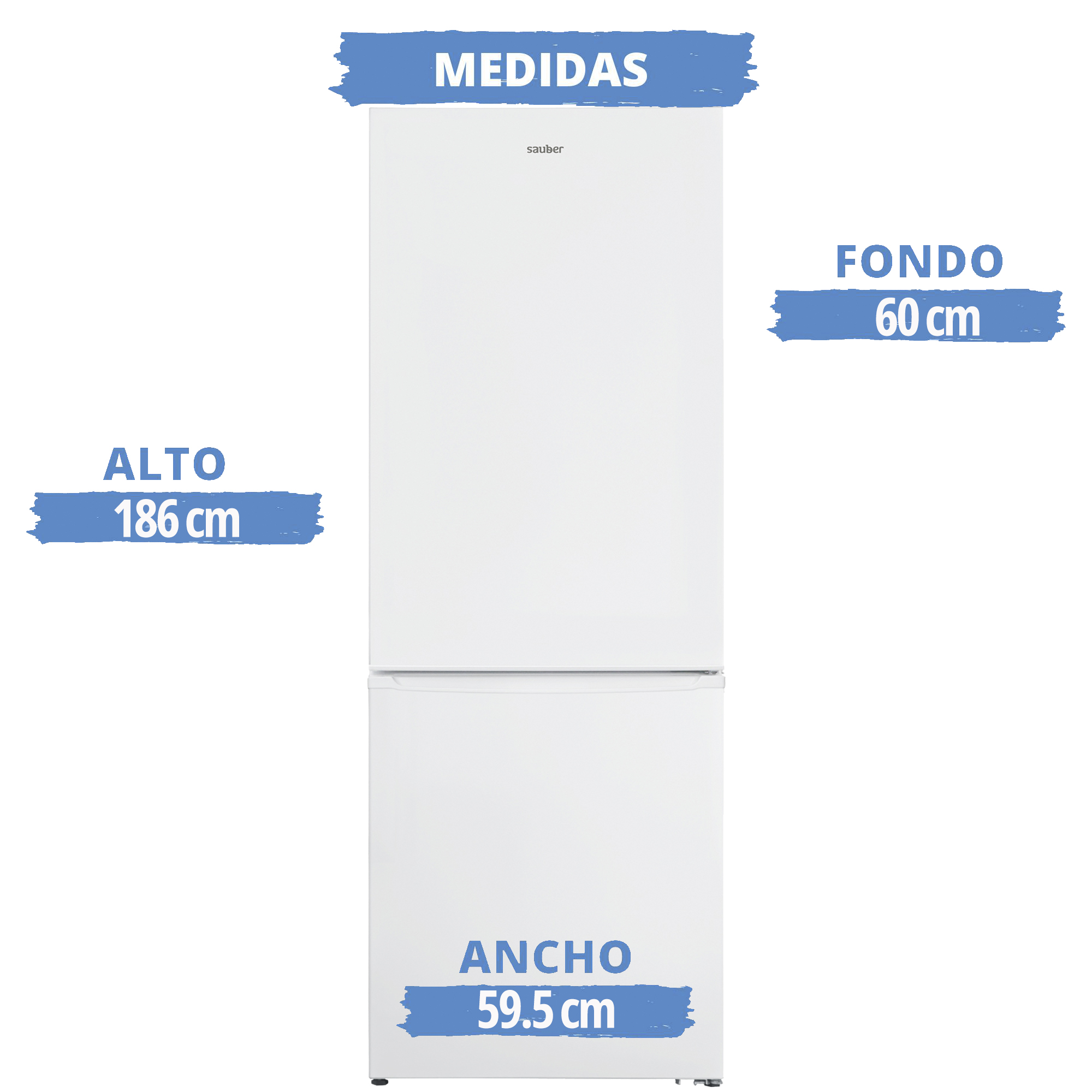 Refrigerador blanco con dimensiones etiquetadas. Medidas en cm. Fondo blanco.