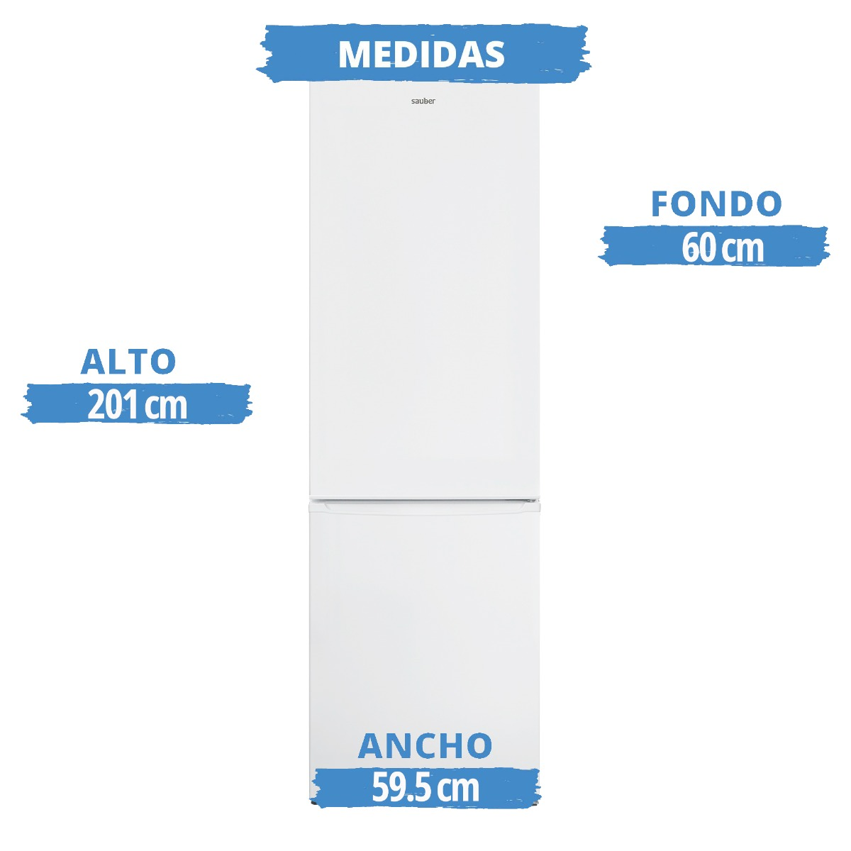Refrigerador blanco con dimensiones: Altura 201cm, Ancho 59.5cm, Fondo 60cm.