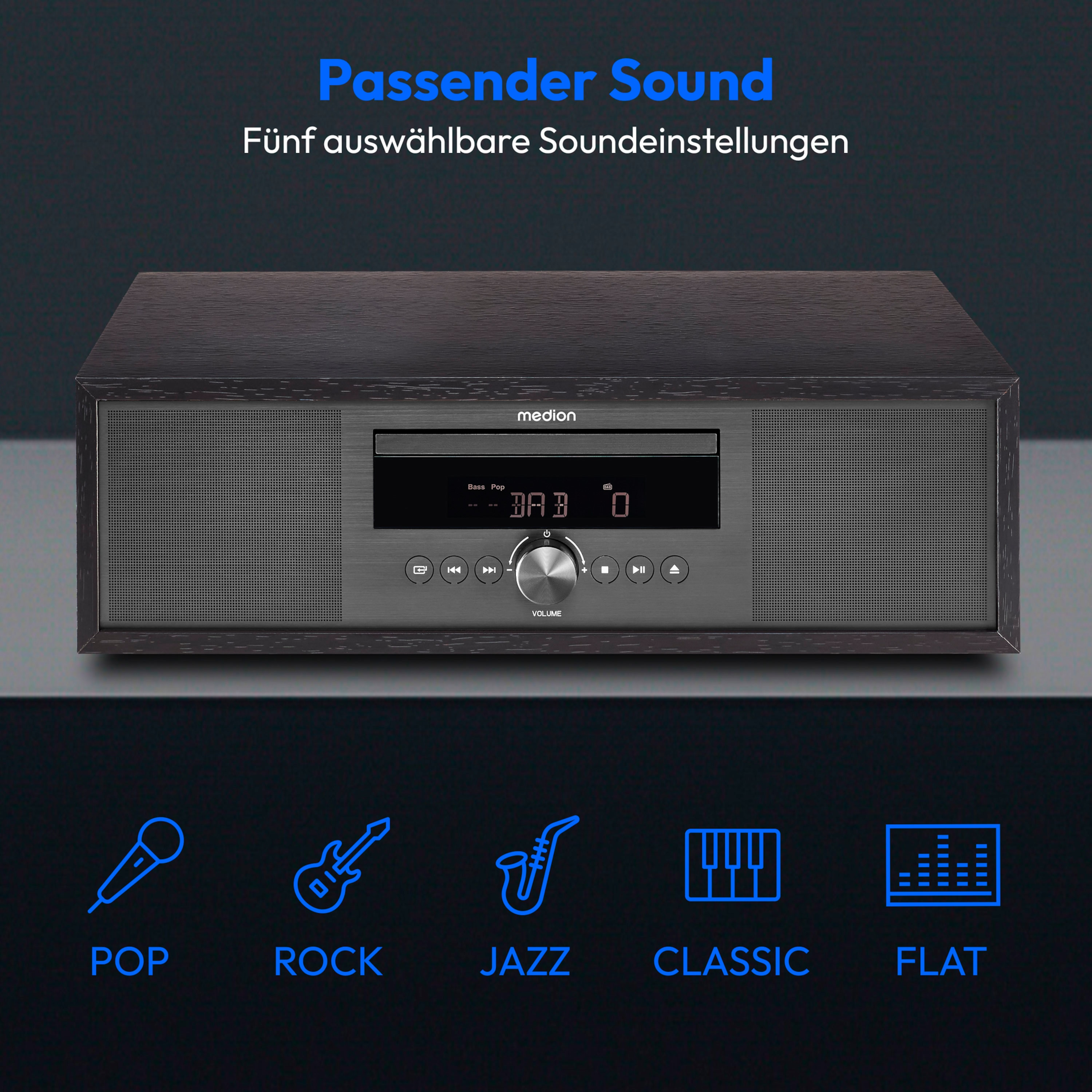 Een radio met vijf geluidsinstellingen. De instellingen zijn Pop, Rock, Jazz, Klassiek en Plat, met iconen.