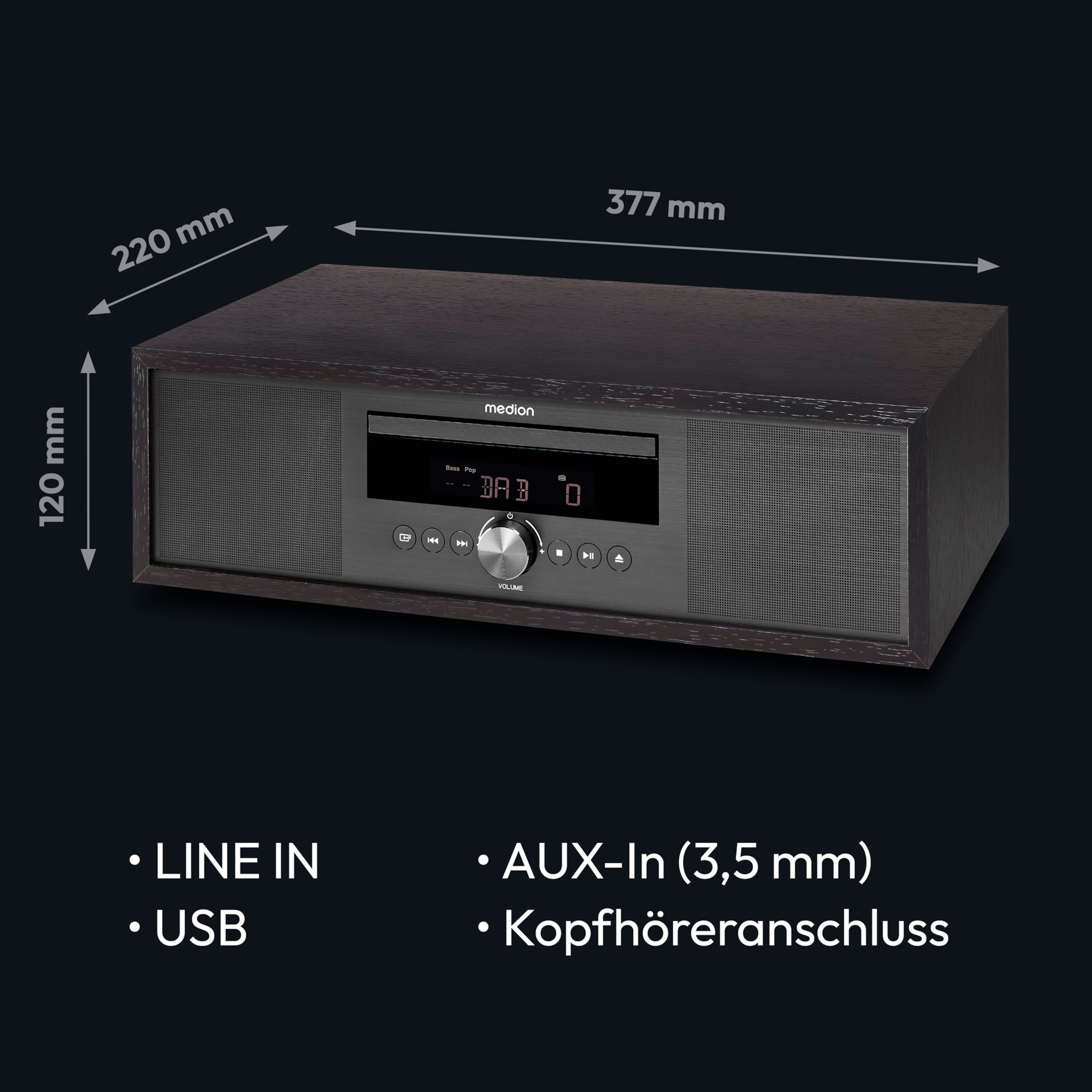Donkere houten stereo met afmetingen. Line-in, USB en aux-in labels.