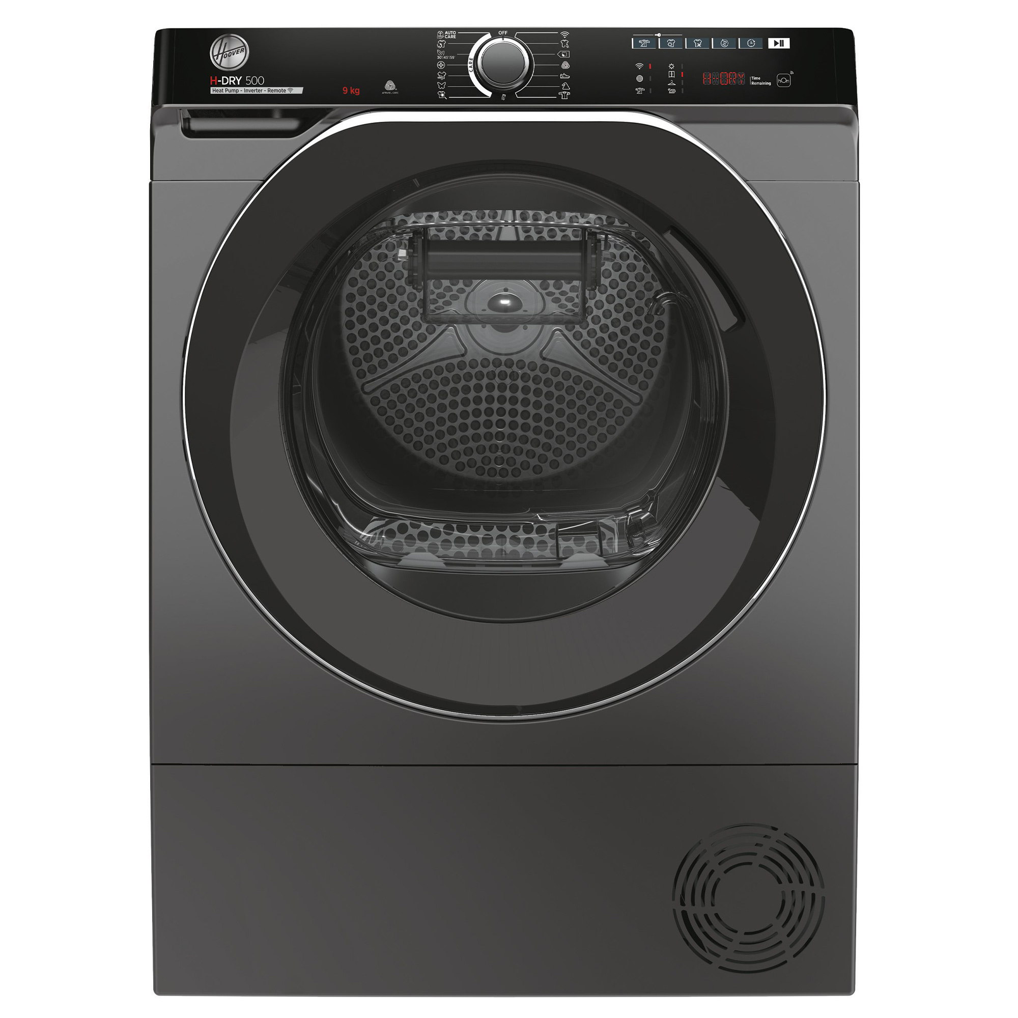 Schwarzer Hoover H-DRY 500 Trockner. Vorderansicht des Geräts. Der Trockner hat eine runde Tür und ein kreisförmiges Display.