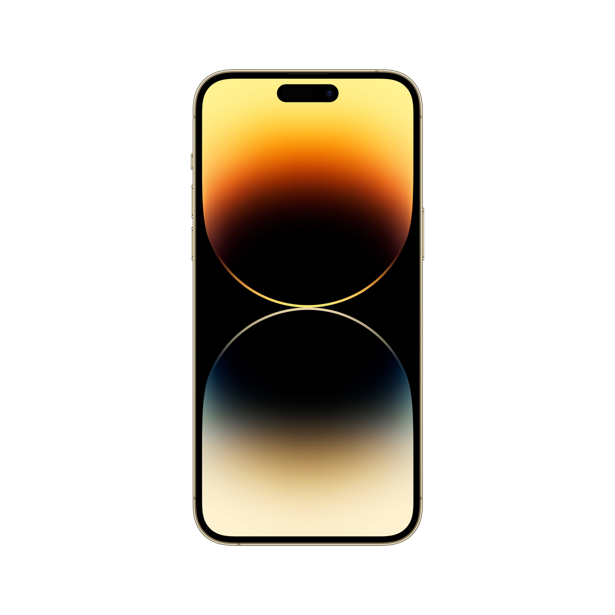 Złoty iPhone z wycięciem w kształcie pigułki i ciemnym ekranem.