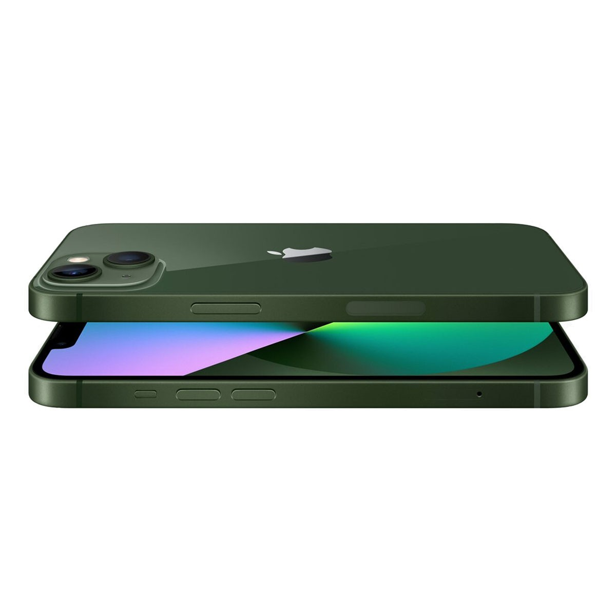 Zielony iPhone, dwa ułożone. Górny pokazuje ekran. Białe tło.