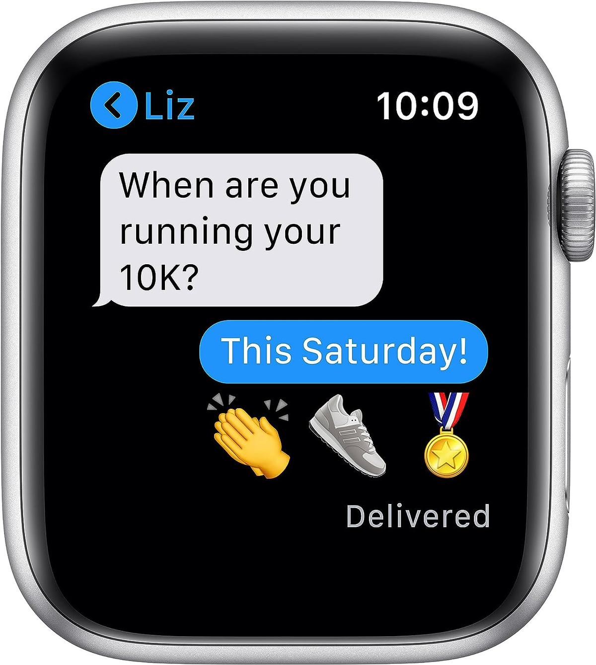 Apple Watch-Bildschirm zeigt einen Textnachrichtenaustausch und Emojis.