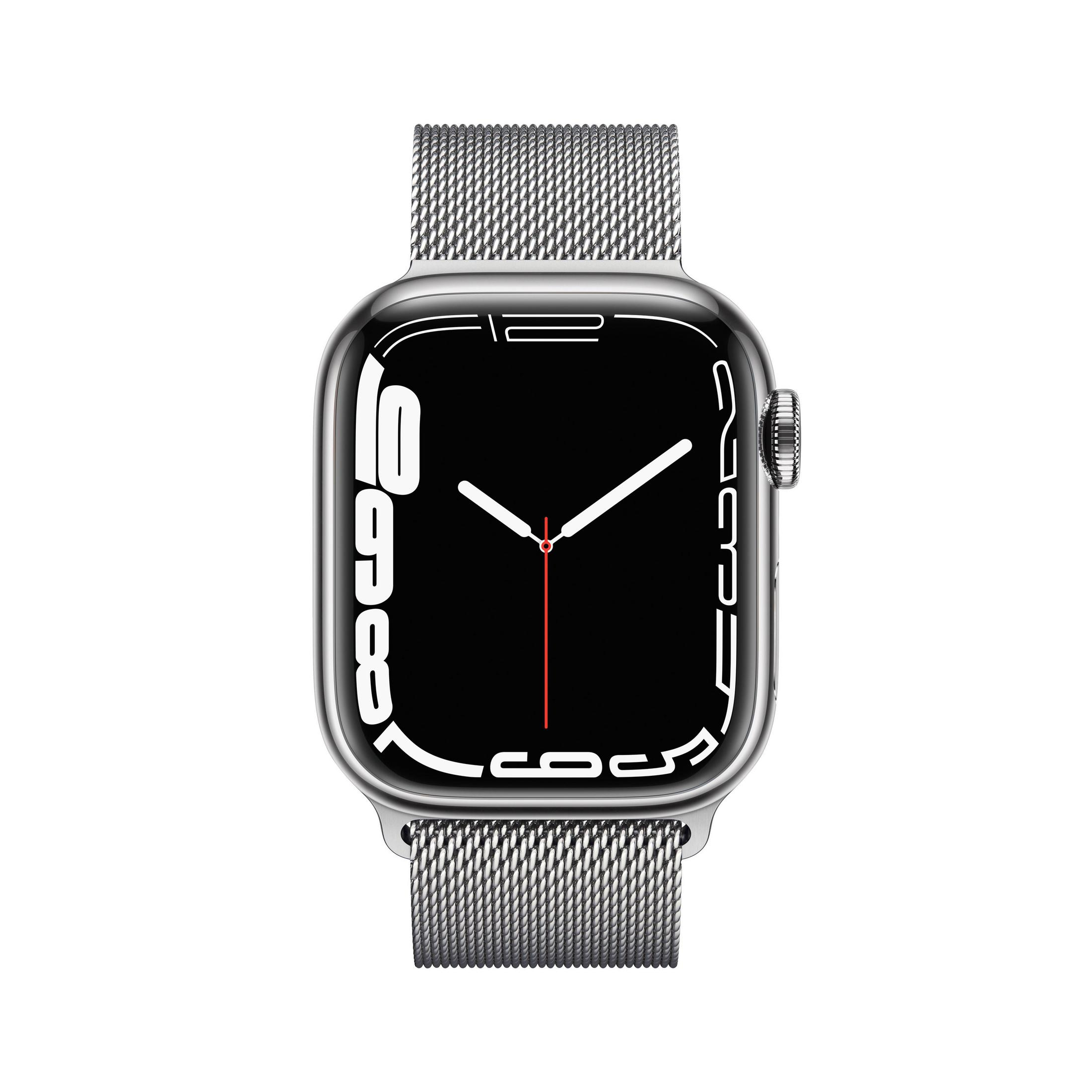 Eine Apple Watch mit Edelstahlarmband, die die Zeit anzeigt.
