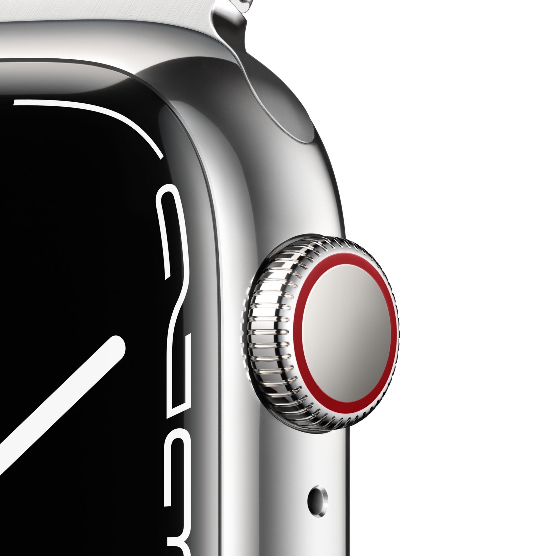 Nahaufnahme einer silbernen Uhr mit rotem Zifferblatt und weißem Hintergrund.
