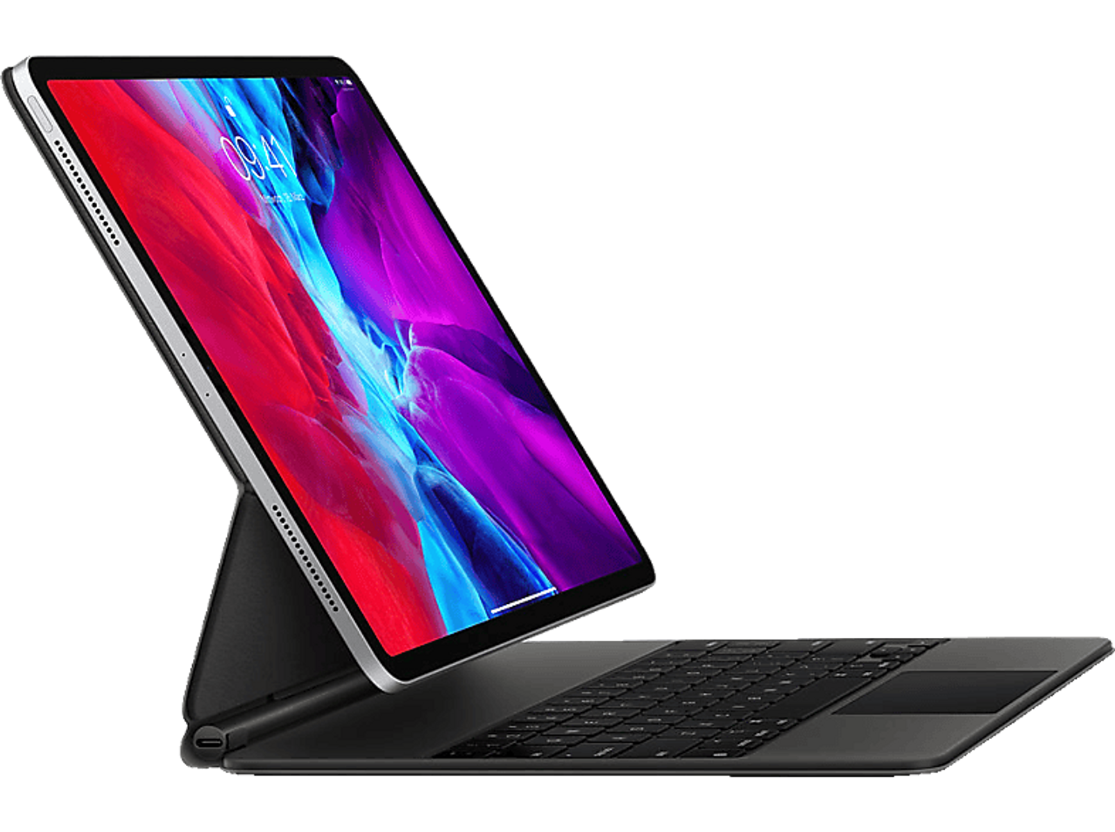 Ein Apple Tablet mit Tastatur, aufgestellt. Der Bildschirm zeigt einen bunten Hintergrund.