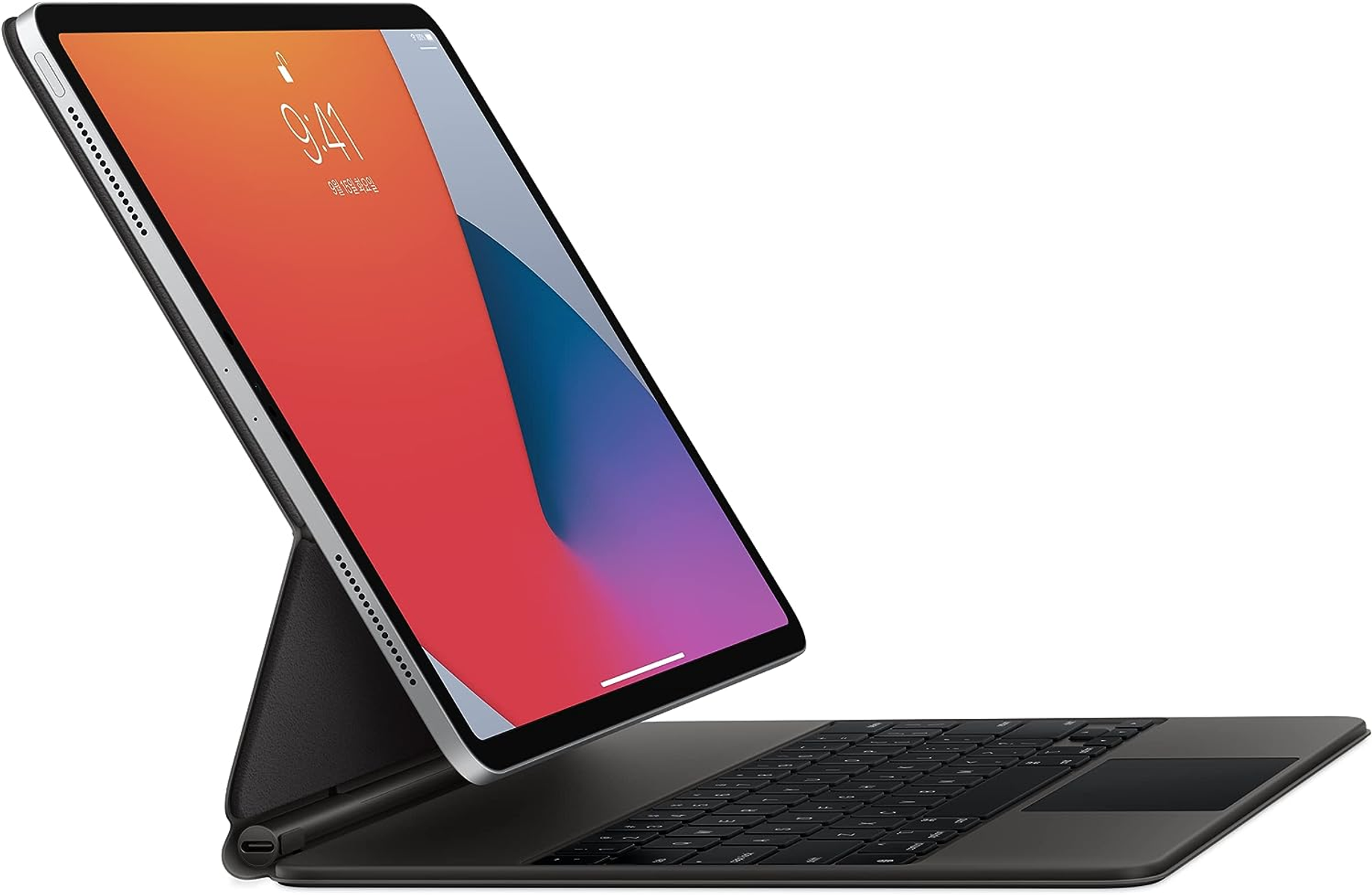 iPad mit Tastaturhülle. Der Bildschirm zeigt ein buntes Bild mit der Uhrzeit 9:41.