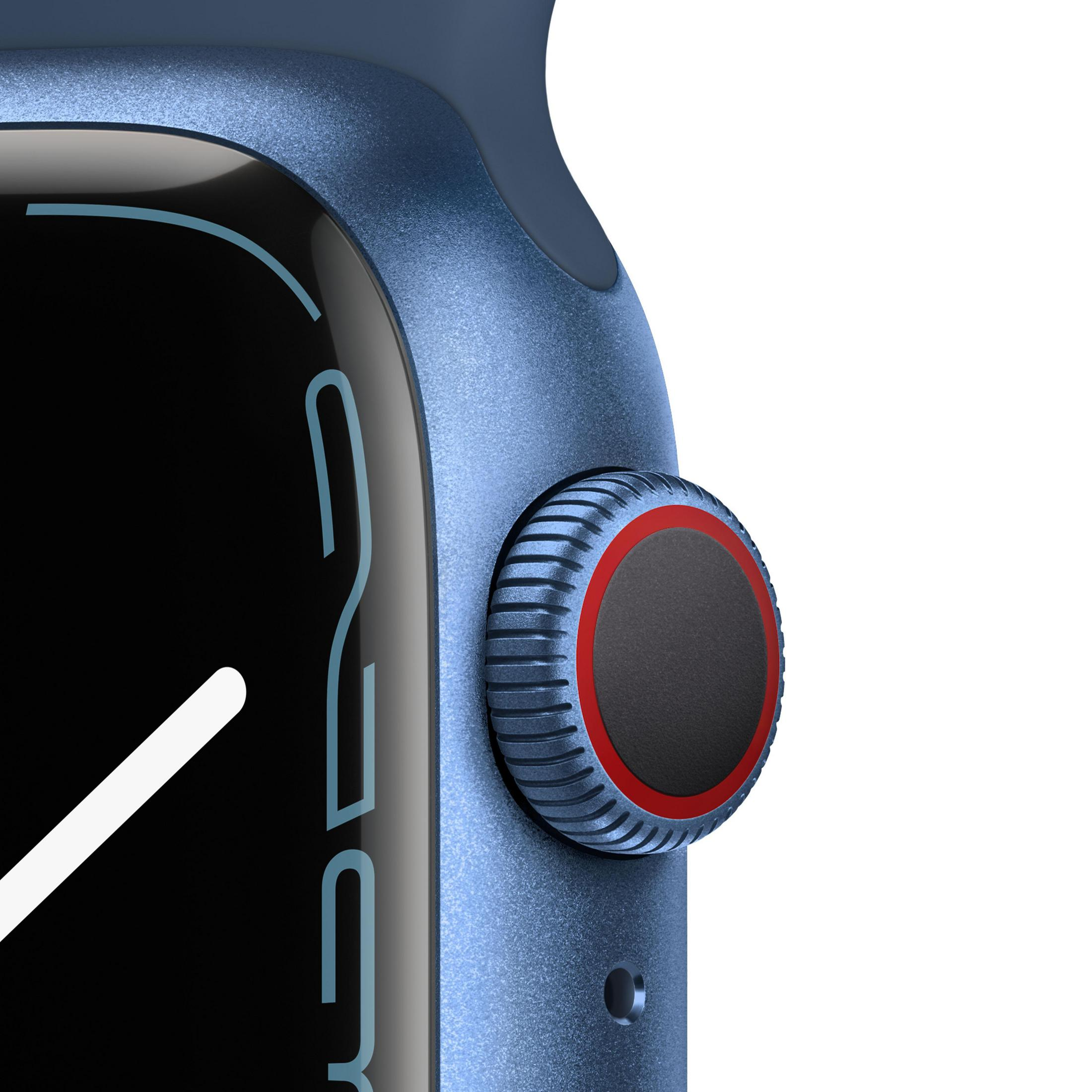 Nahaufnahme einer blauen Smartwatch-Seitentaste.