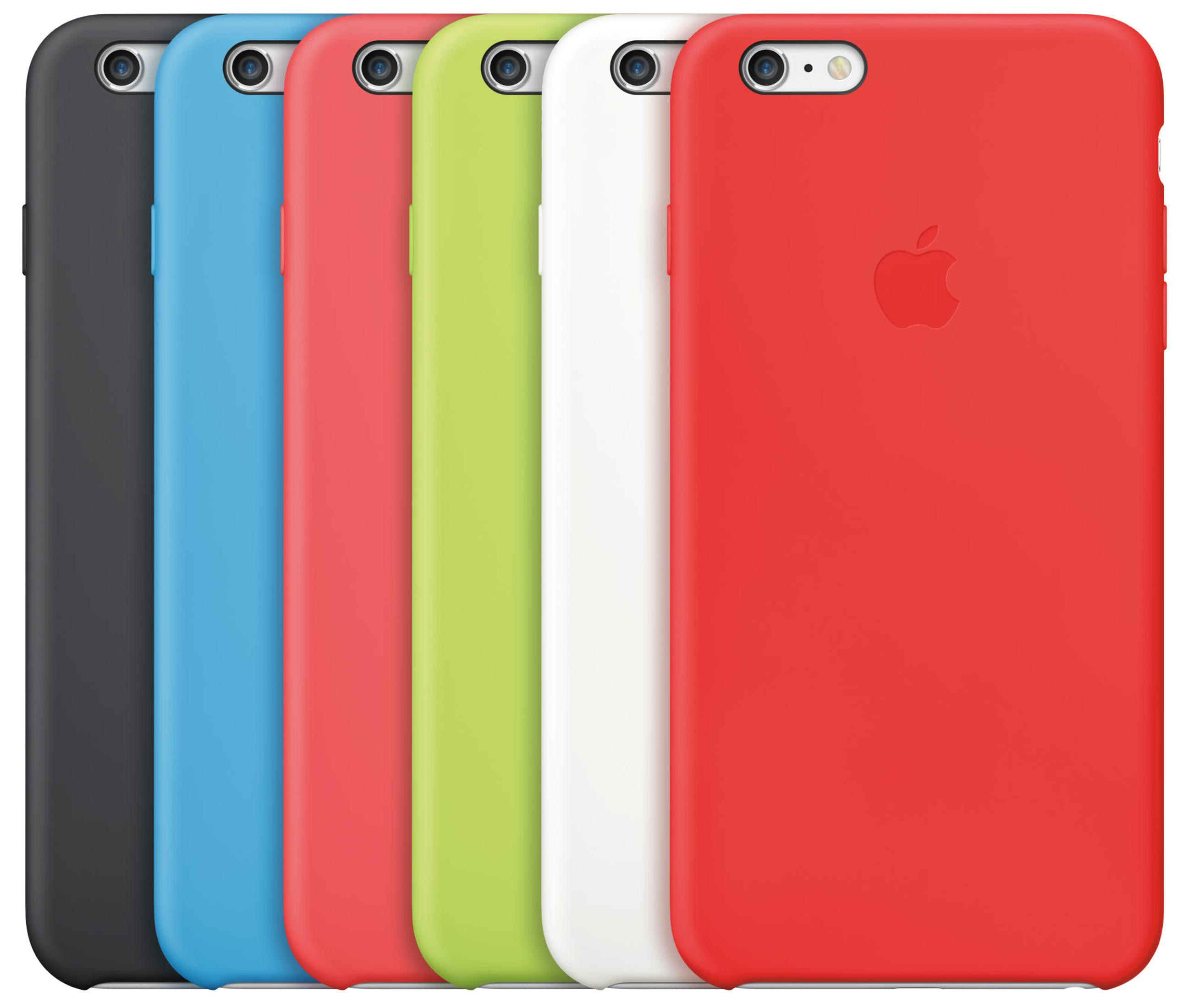 Gruppo di custodie per iPhone nere, blu, rosse, verdi, bianche e rosse, in fila.