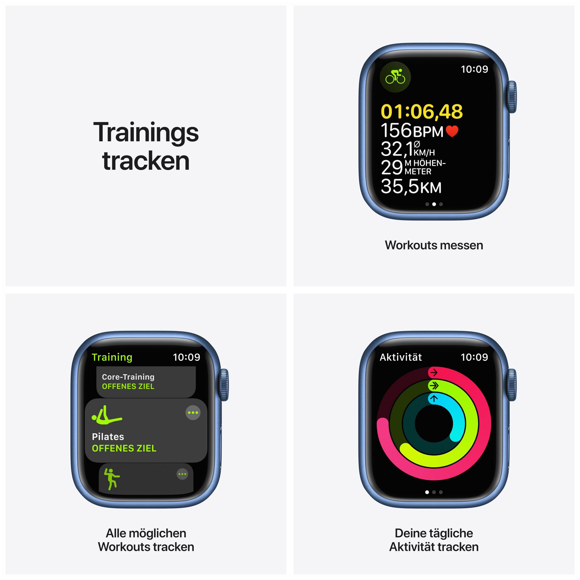 Vier Bilder einer blauen Smartwatch, die Trainingsdaten zeigen, weißer Hintergrund.