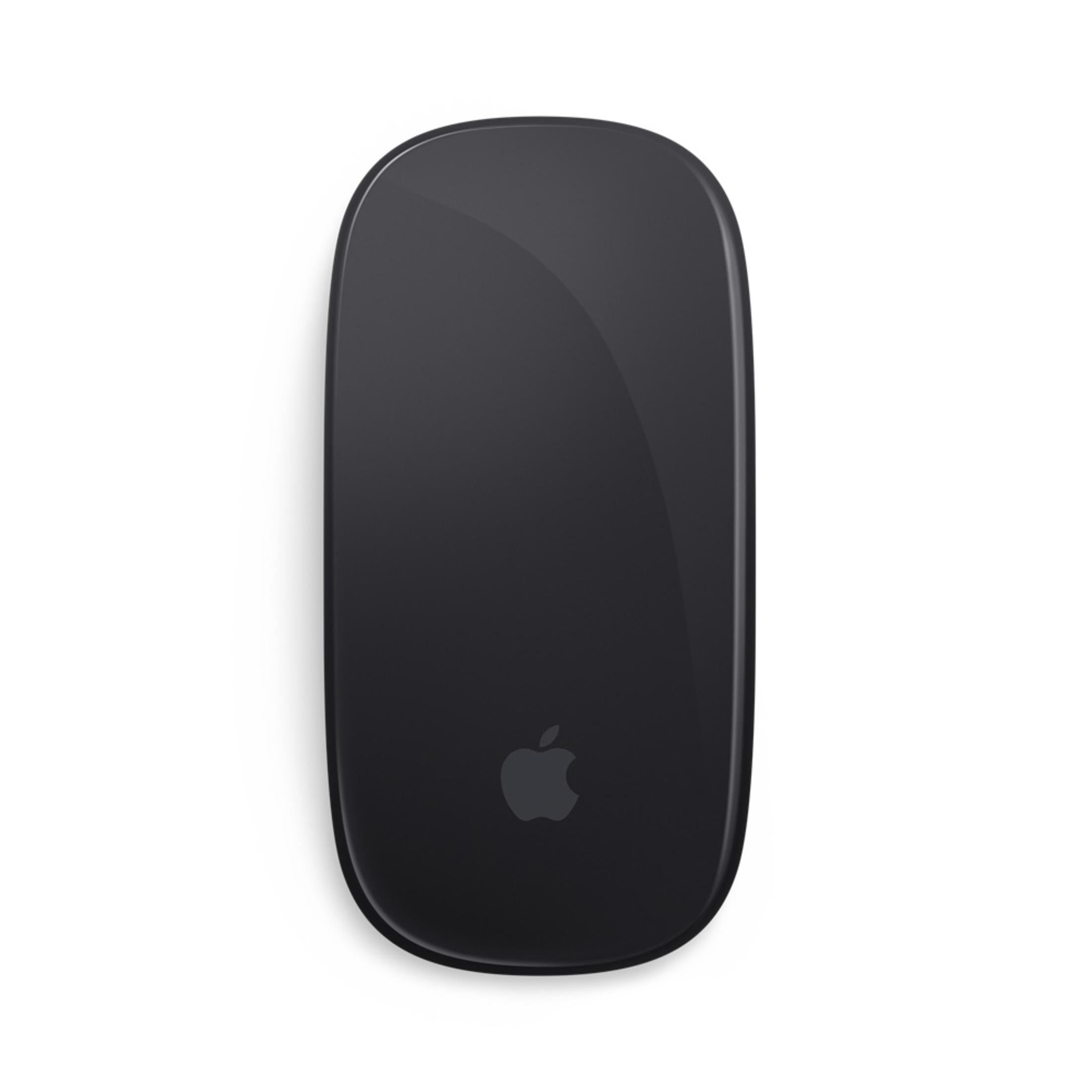 Eine schwarze Apple Maus. Die Maus befindet sich auf weißem Hintergrund. Apple Logo unten.