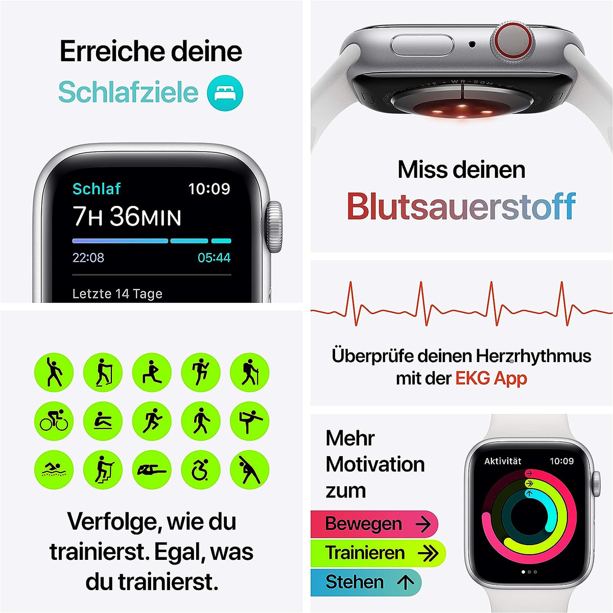 Eine Watch-Oberfläche mit Gesundheitsdaten und Trainingssymbolen, mit Text auf Deutsch.
