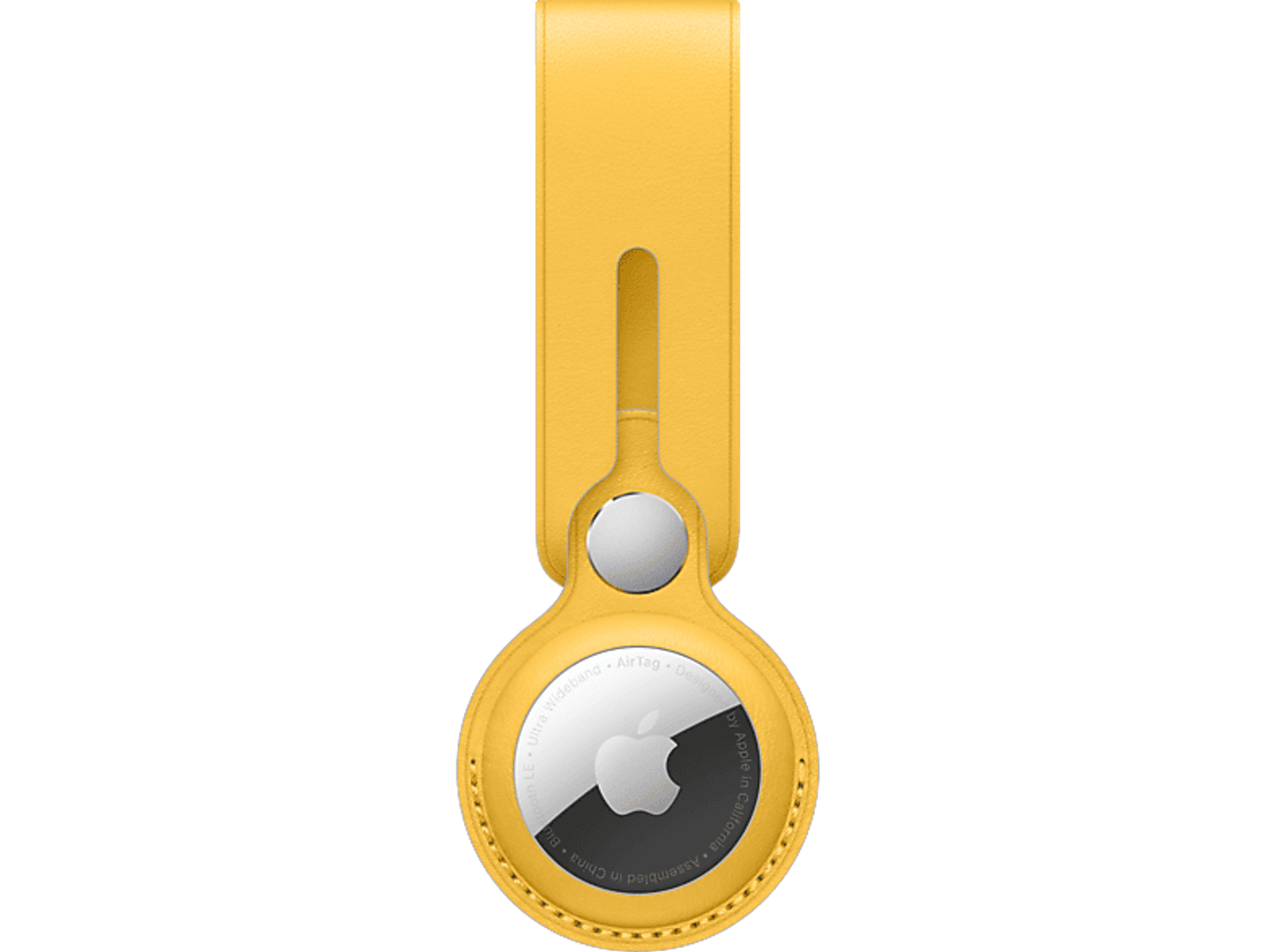 Apple AirTag giallo con passante in pelle. Logo Apple bianco su cerchio nero.