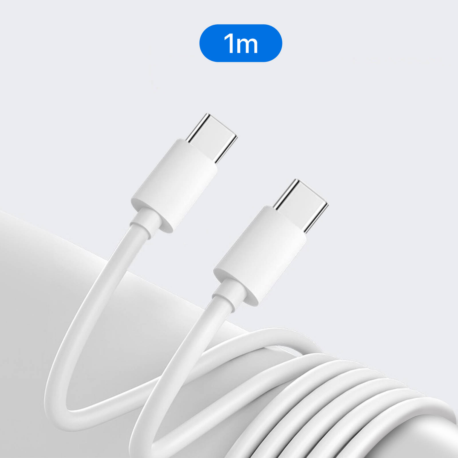 Weißes USB-C-Kabel mit Anschlüssen, aufgerollt, mit 1m-Etikett darüber.