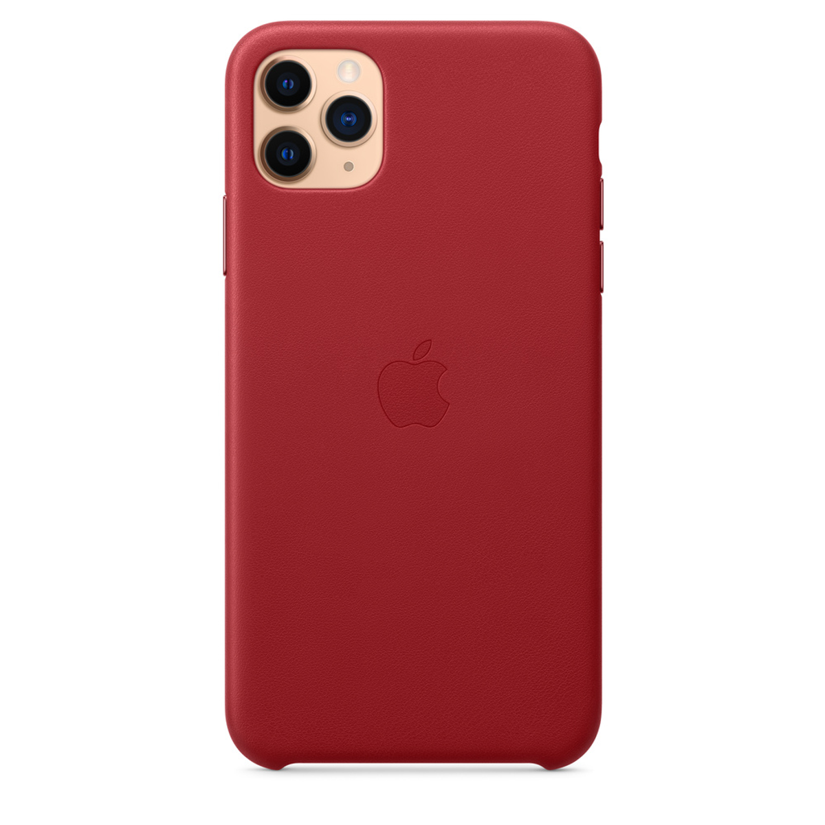 Een rode iPhone-hoes met drie cameralenzen en het Apple-logo op een witte achtergrond.
