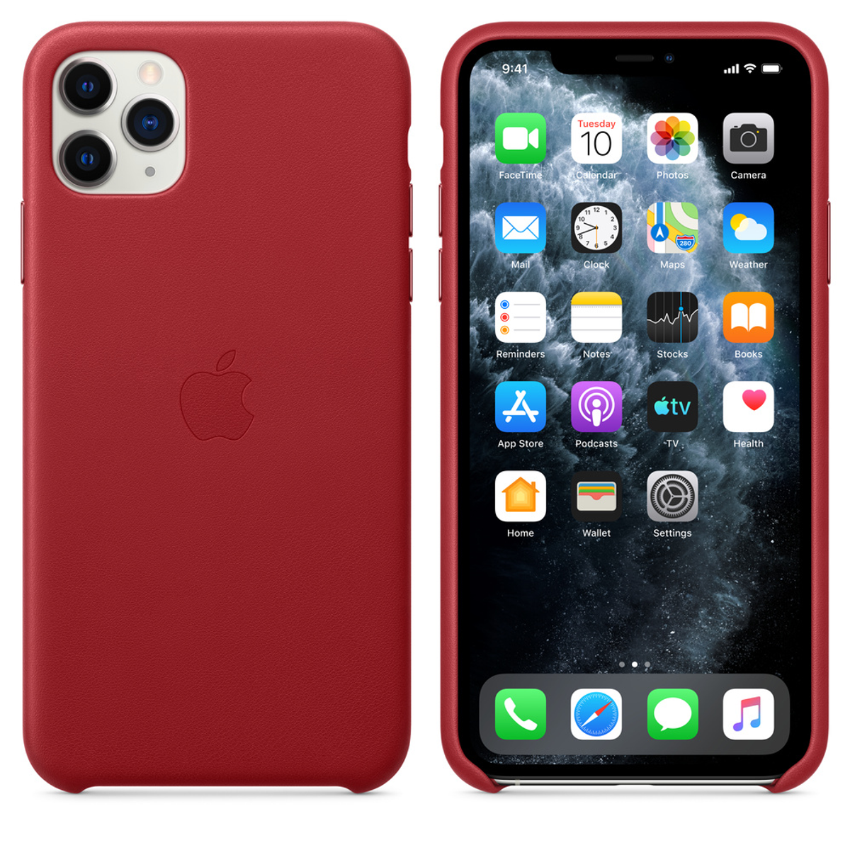 Rode leren telefoonhoes met een iPhone. Toont de hoes links en de telefoon rechts.