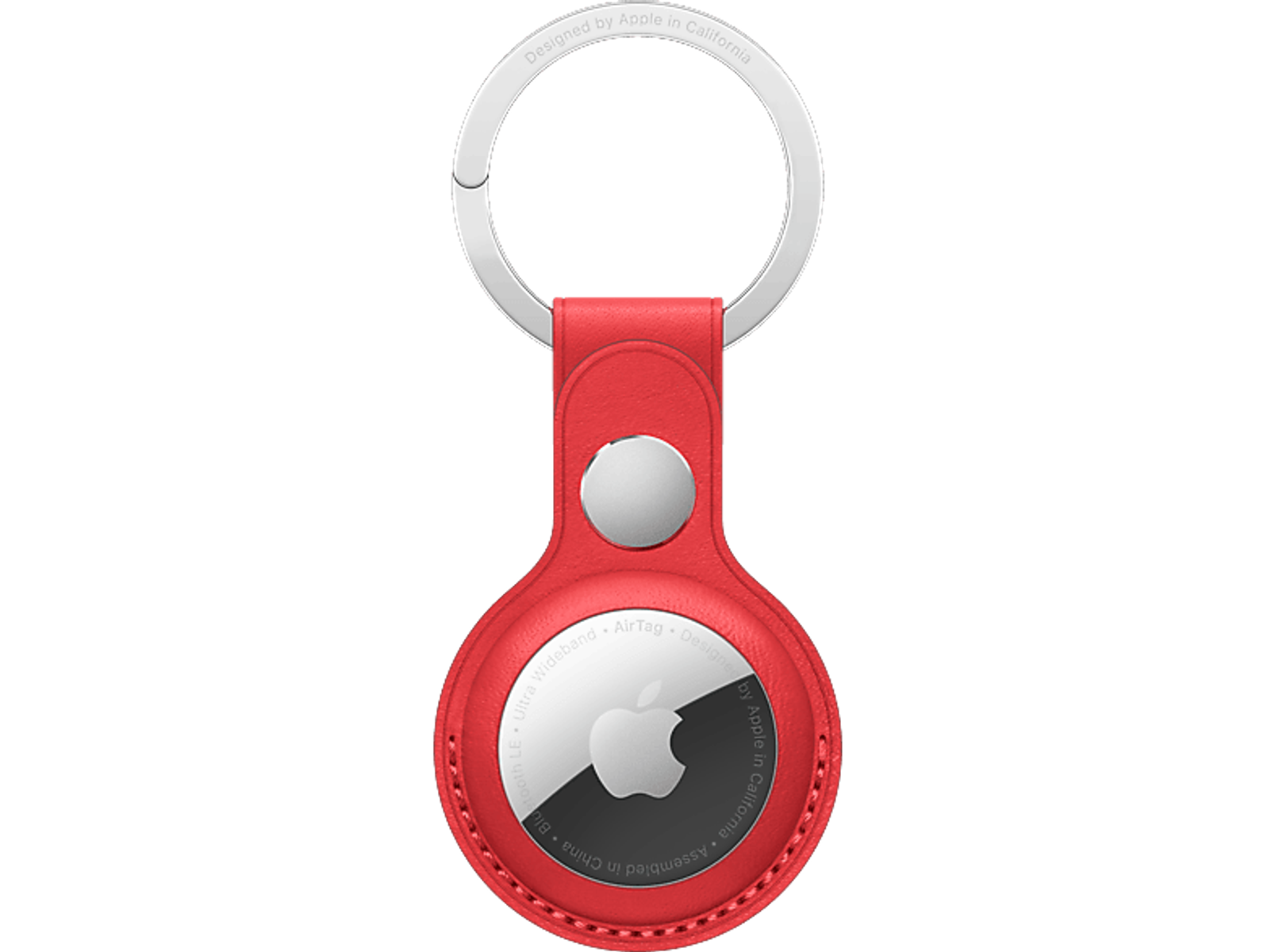 Ein rotes Apple AirTag mit silbernem Ring und Apple-Logo.