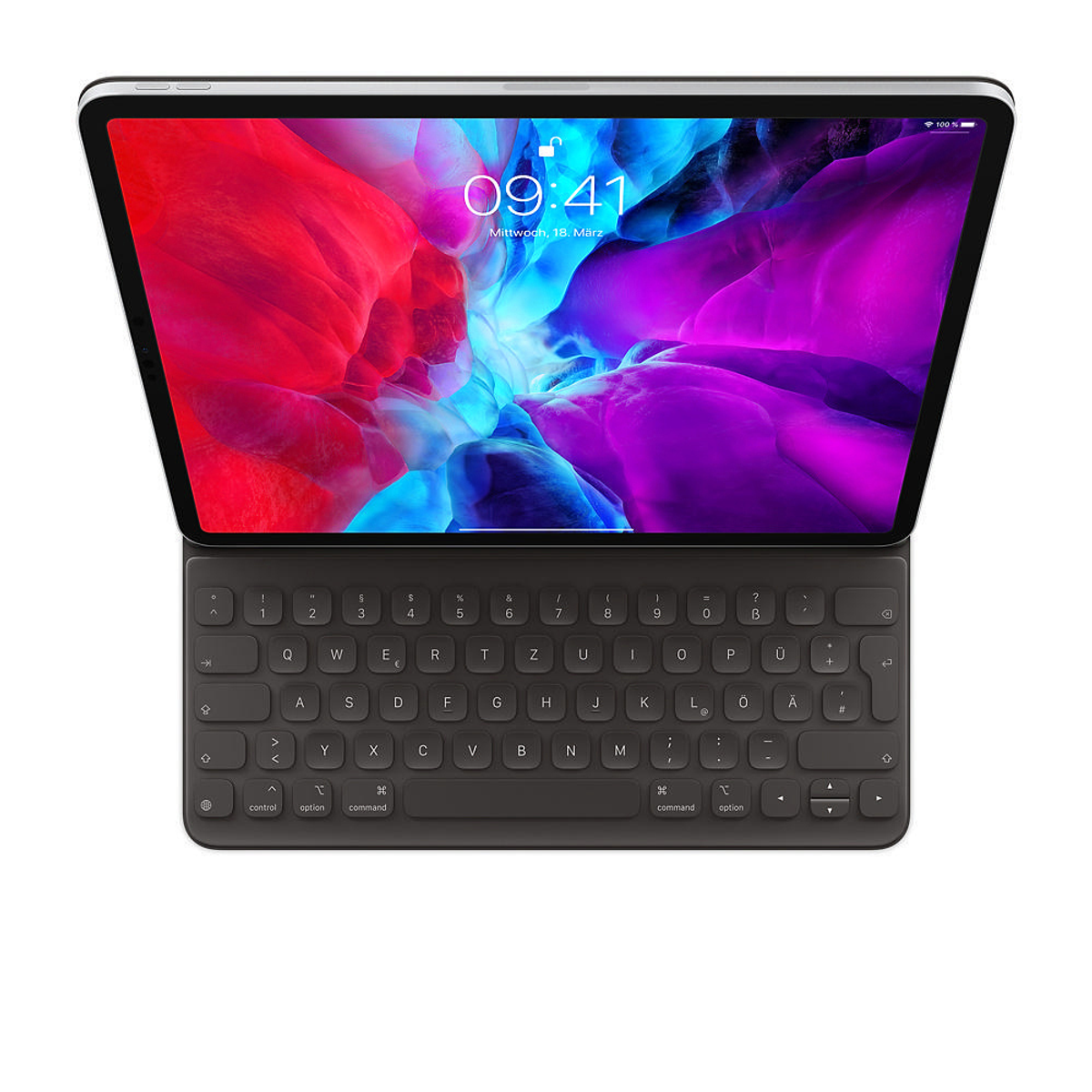 iPad mit Tastaturhülle. Der Bildschirm zeigt ein farbenfrohes Bild mit Datum und Uhrzeit 09:41.