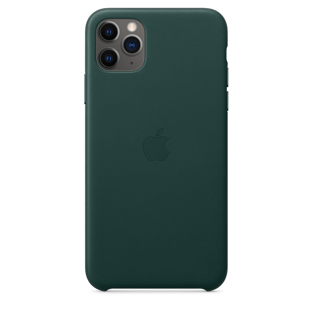 Groene telefoon met zwart Apple logo, achteraanzicht, leertextuur, witte achtergrond.