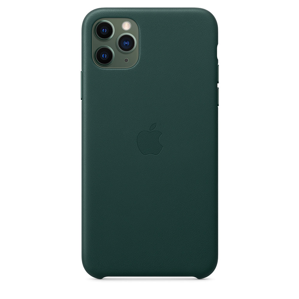 Donkergroene iPhone-hoes met Apple-logo. Drie camera's zijn zichtbaar. Witte achtergrond.