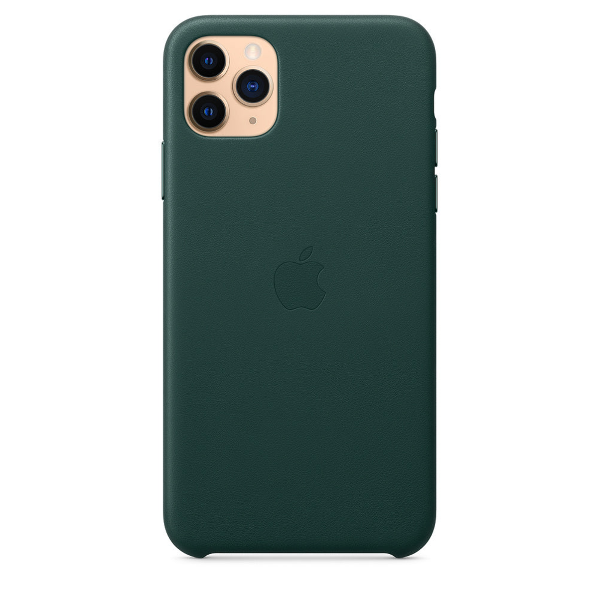 Donkergroene iPhone met drie camera's en een Apple-logo op een wit oppervlak.