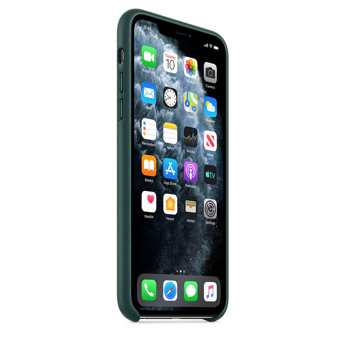 Een iPhone in een groene hoes. Het scherm toont het startscherm met verschillende app-pictogrammen.