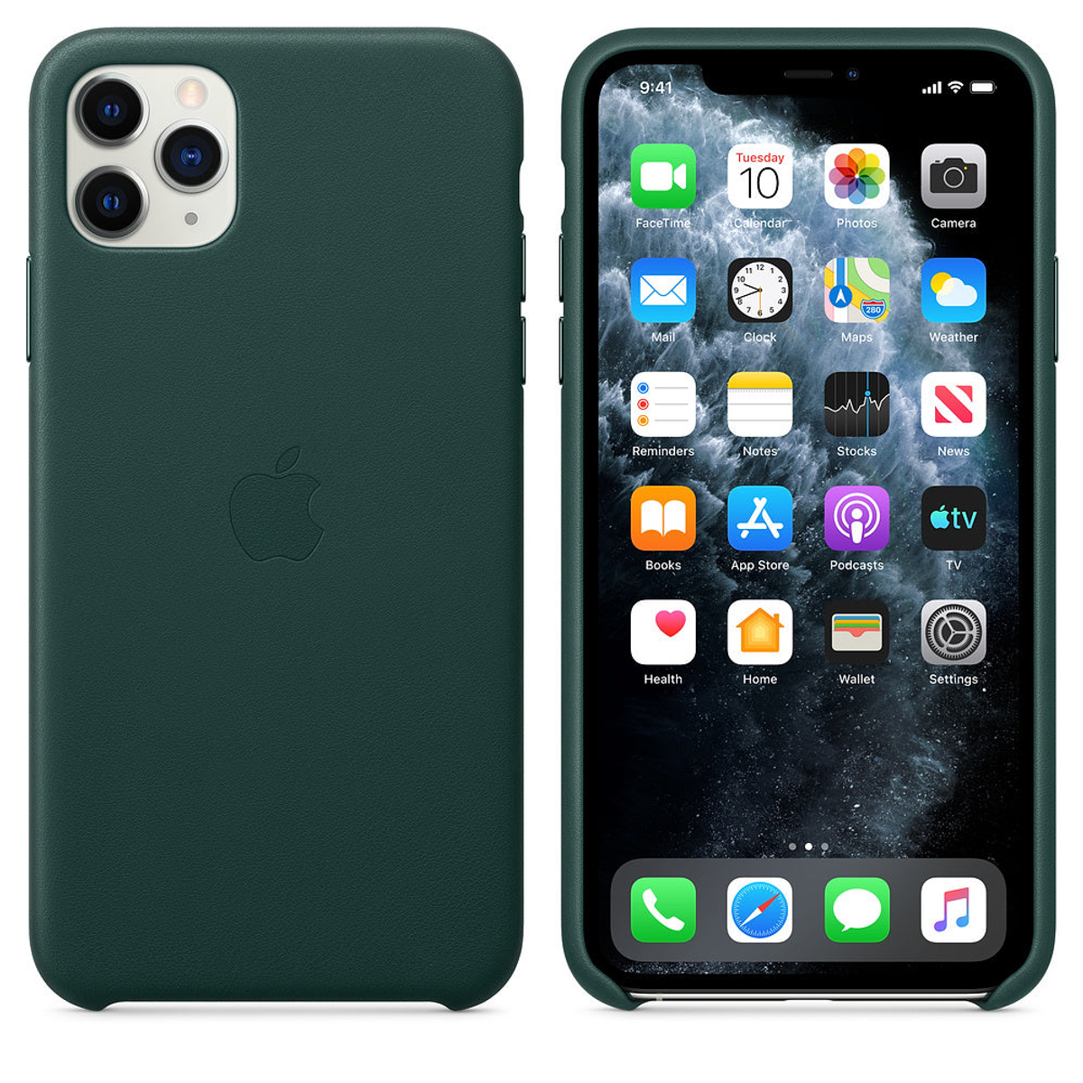 Groene telefoonhoes met Apple-logo op de achterkant. Telefoonscherm met apps zichtbaar.