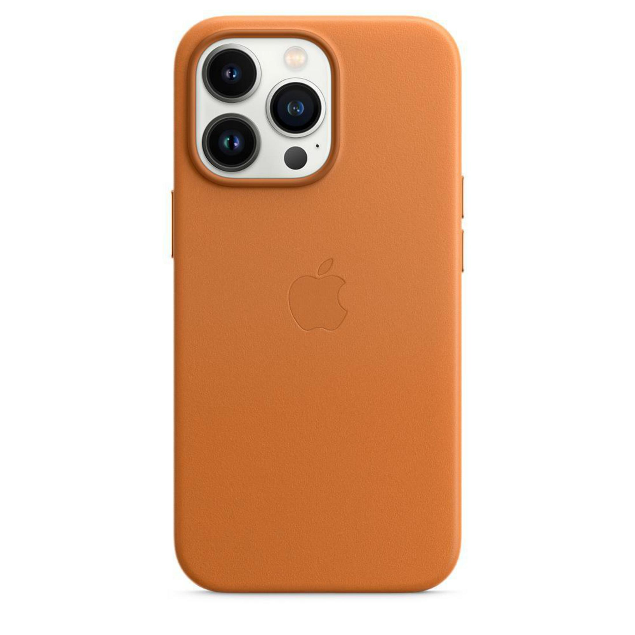 Oranje leren iPhone-hoesje met meerdere camera's en een Apple-logo.