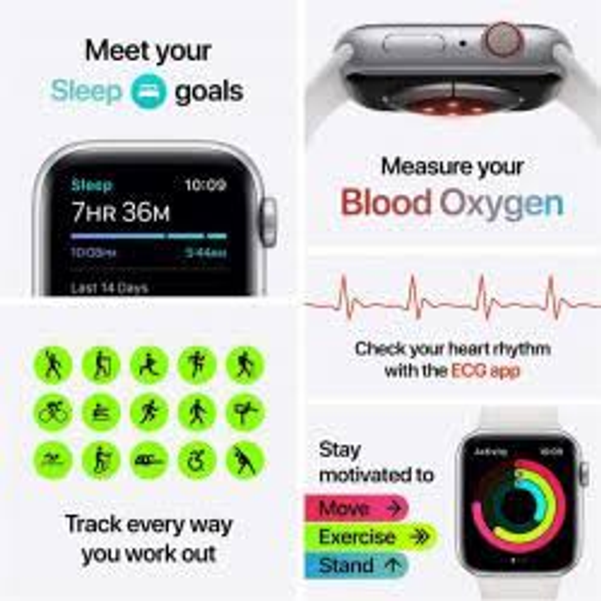 Funzionalità Apple Watch: sonno, ossigeno nel sangue, ritmo cardiaco, monitoraggio allenamenti.