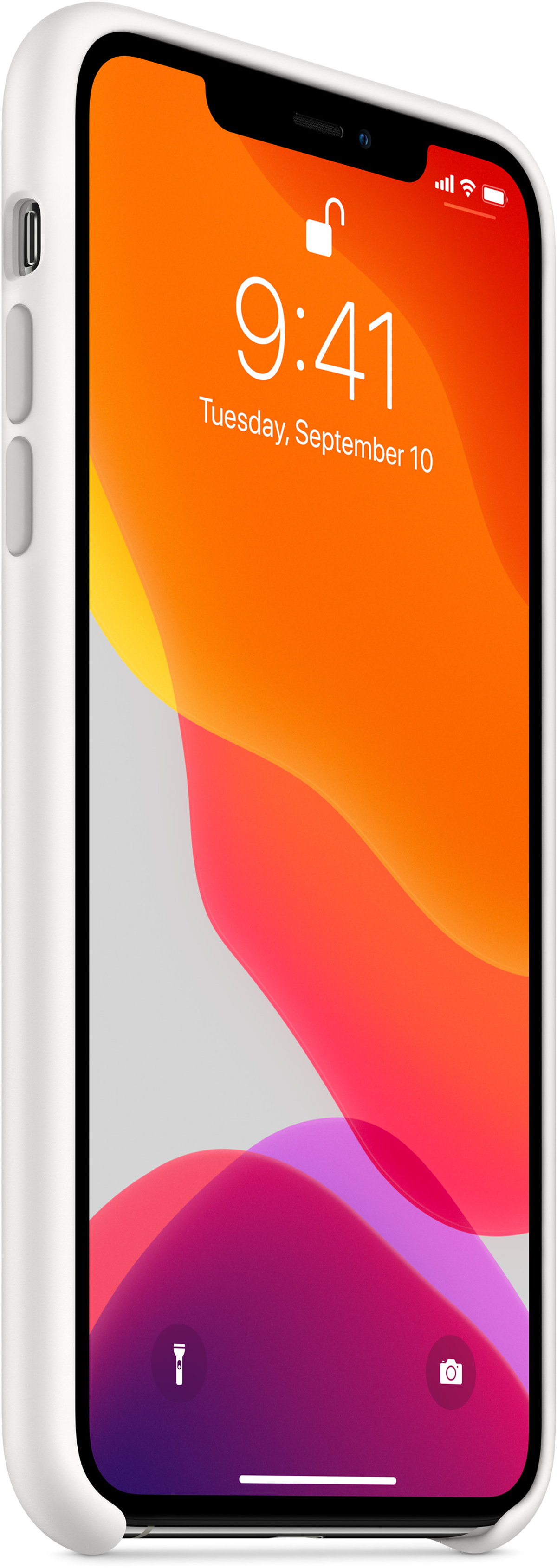 iPhone blanco con fondo naranja y rojo, mostrando la pantalla de desbloqueo.