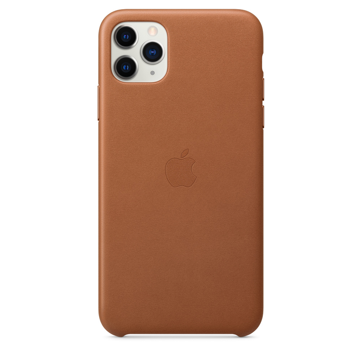 Bruine telefoonhoes met Apple-logo. Telefoonhoes op witte achtergrond.