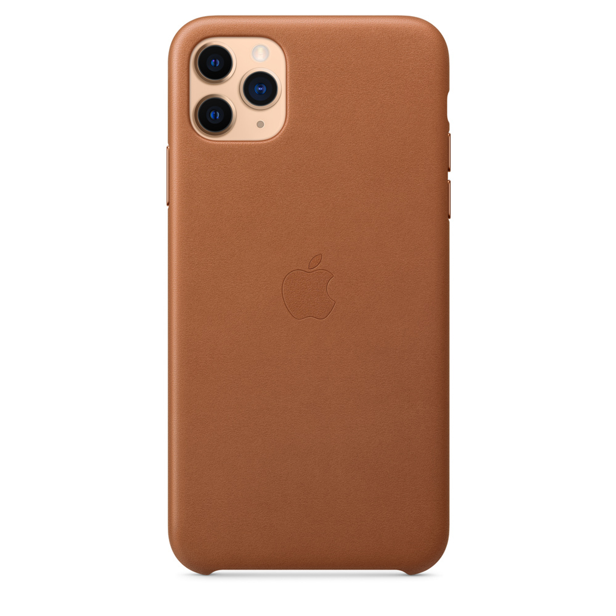 Bruine lederen telefoonhoes met Apple-logo. Cameralenzen zijn zichtbaar.