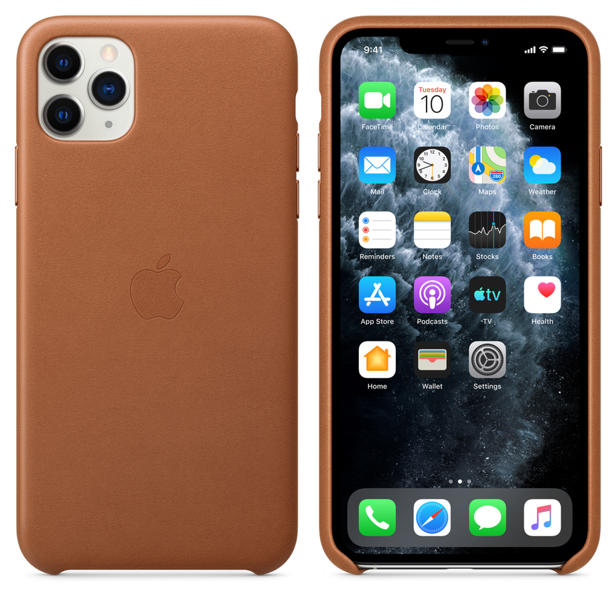Een bruine leren telefoonhoes met een Apple-logo. Het scherm toont apps en de tijd.