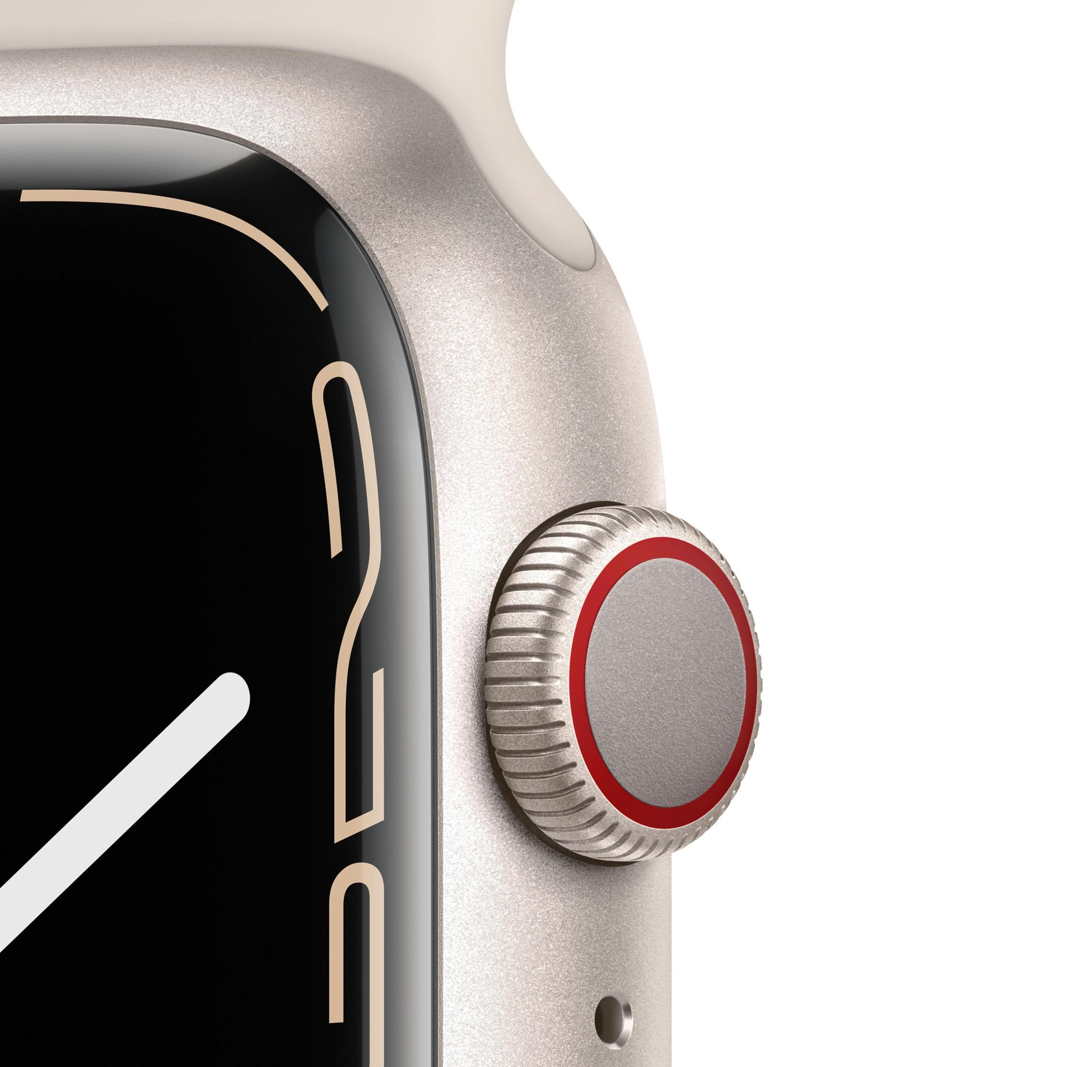 Primo piano del pulsante laterale di uno smartwatch argentato.