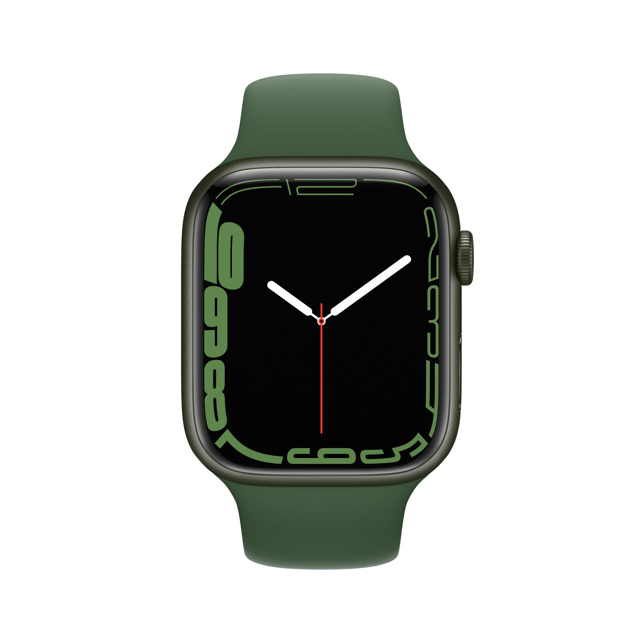 Grüne Apple Watch mit grünem Armband, schwarzem Display, weißen Zeigern und grünen Zahlen. Weißer Hintergrund.