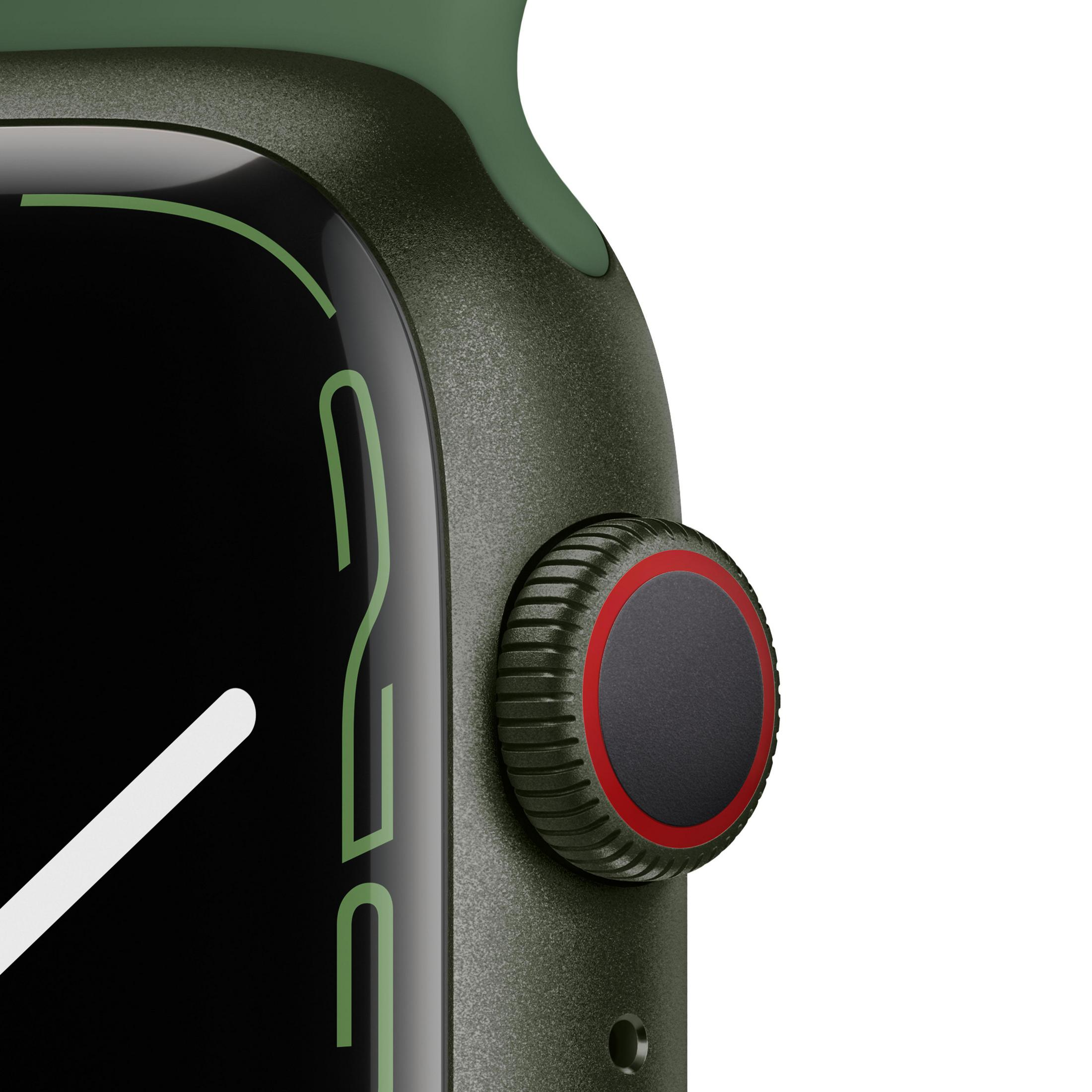 Nahaufnahme der Apple Watch-Seite. Schwarzes Display, roter Knopf und grünes Zifferblatt. Weißer Hintergrund.
